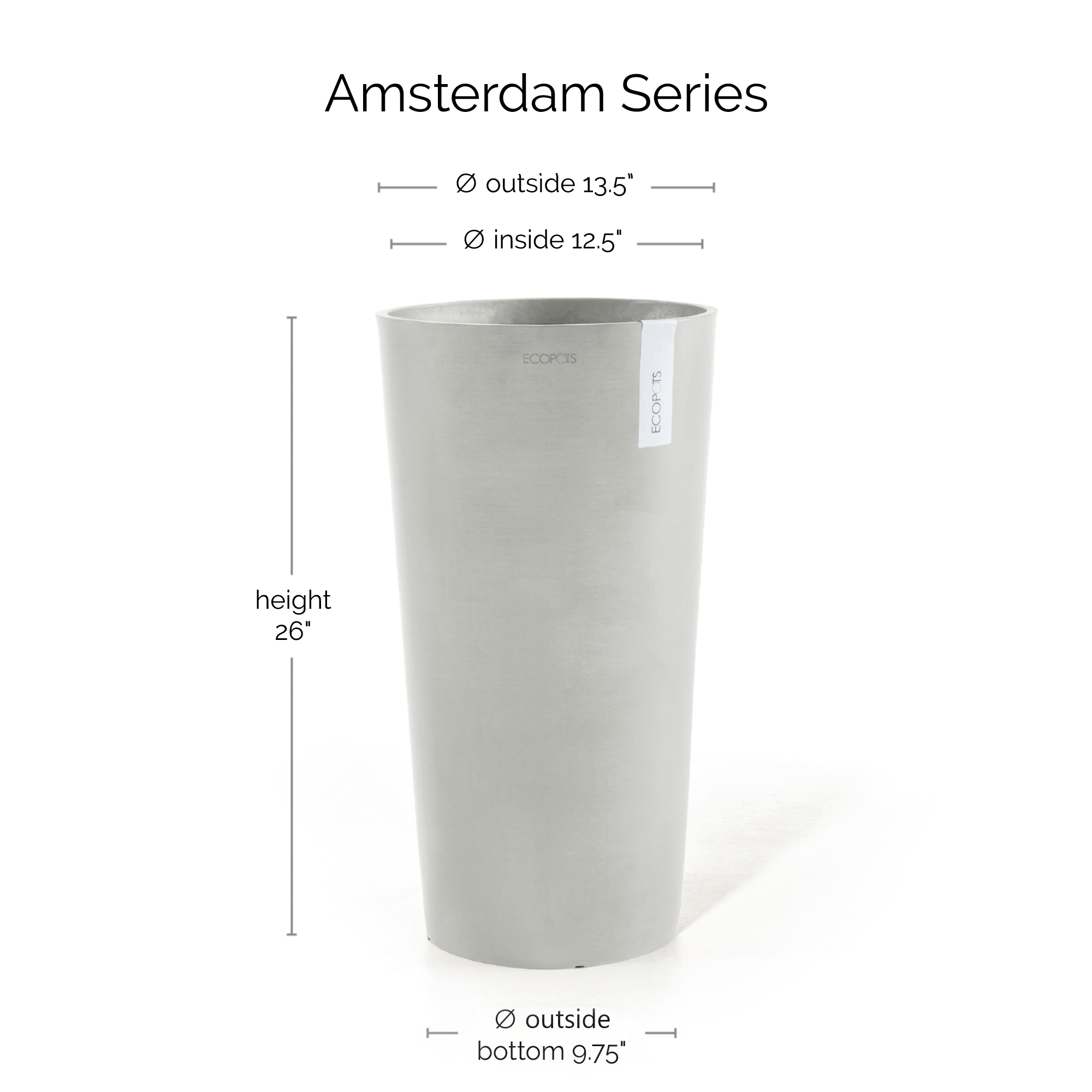 Ecopots Amsterdam Mid High Durable Modern Round Indoor/Outdoor Recycled-Based Composite Flower Pot Planter