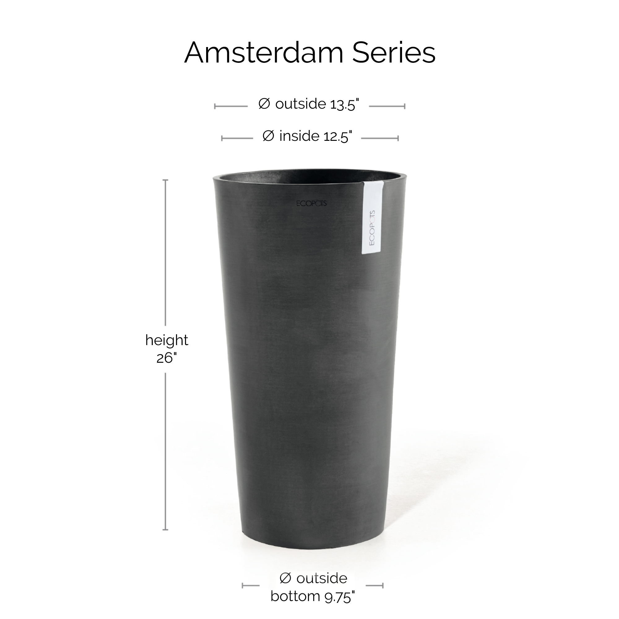 Ecopots Amsterdam Mid High Durable Modern Round Indoor/Outdoor Recycled-Based Composite Flower Pot Planter