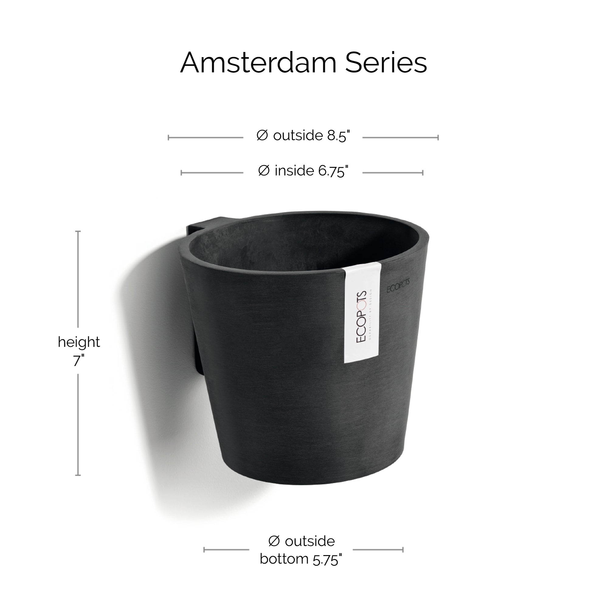 Ecopots Amsterdam Wall Durable Modern Round Indoor/Outdoor Recycled-Based Composite Hanging Flower Pot Planter, 8"