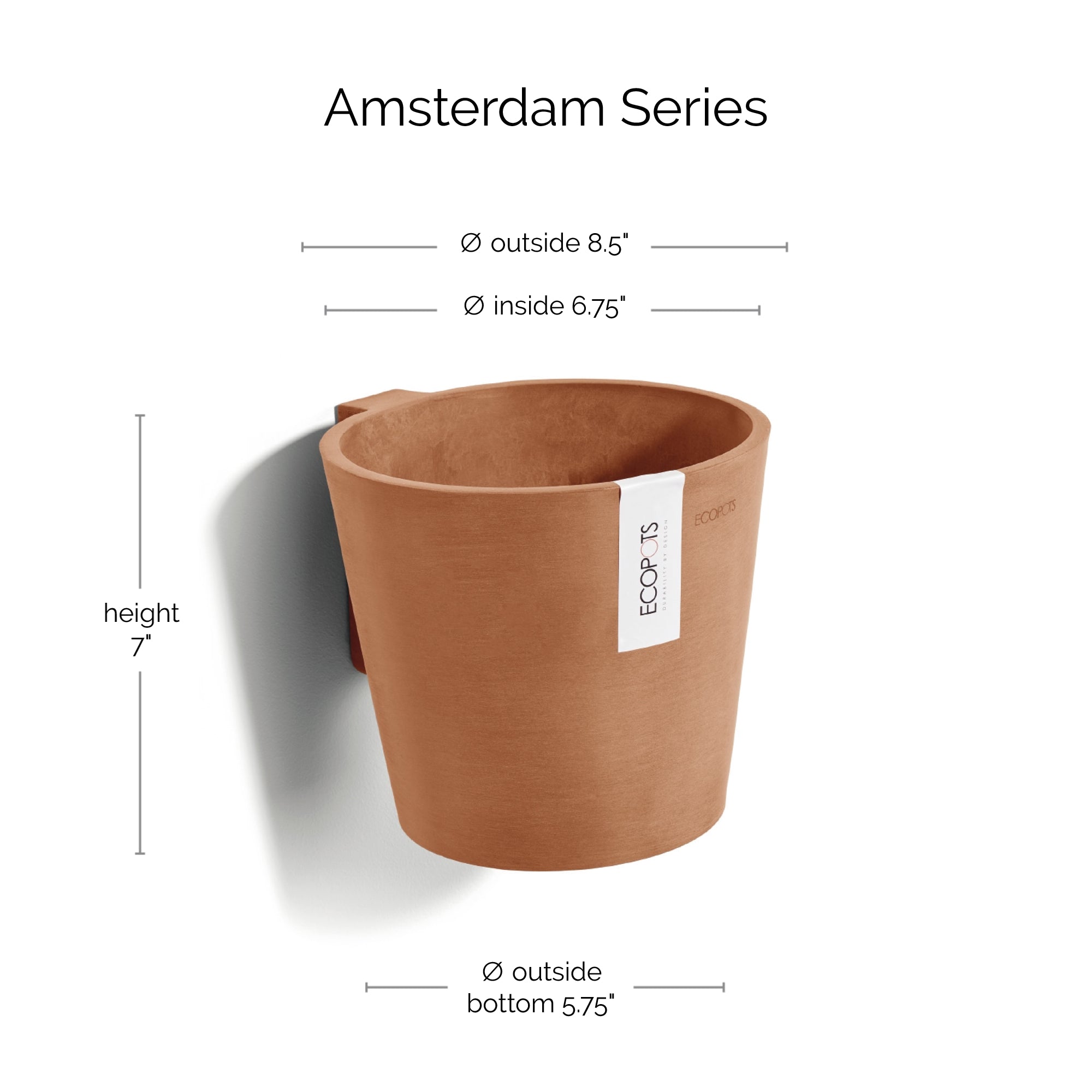 Ecopots Amsterdam Wall Durable Modern Round Indoor/Outdoor Recycled-Based Composite Hanging Flower Pot Planter, 8"