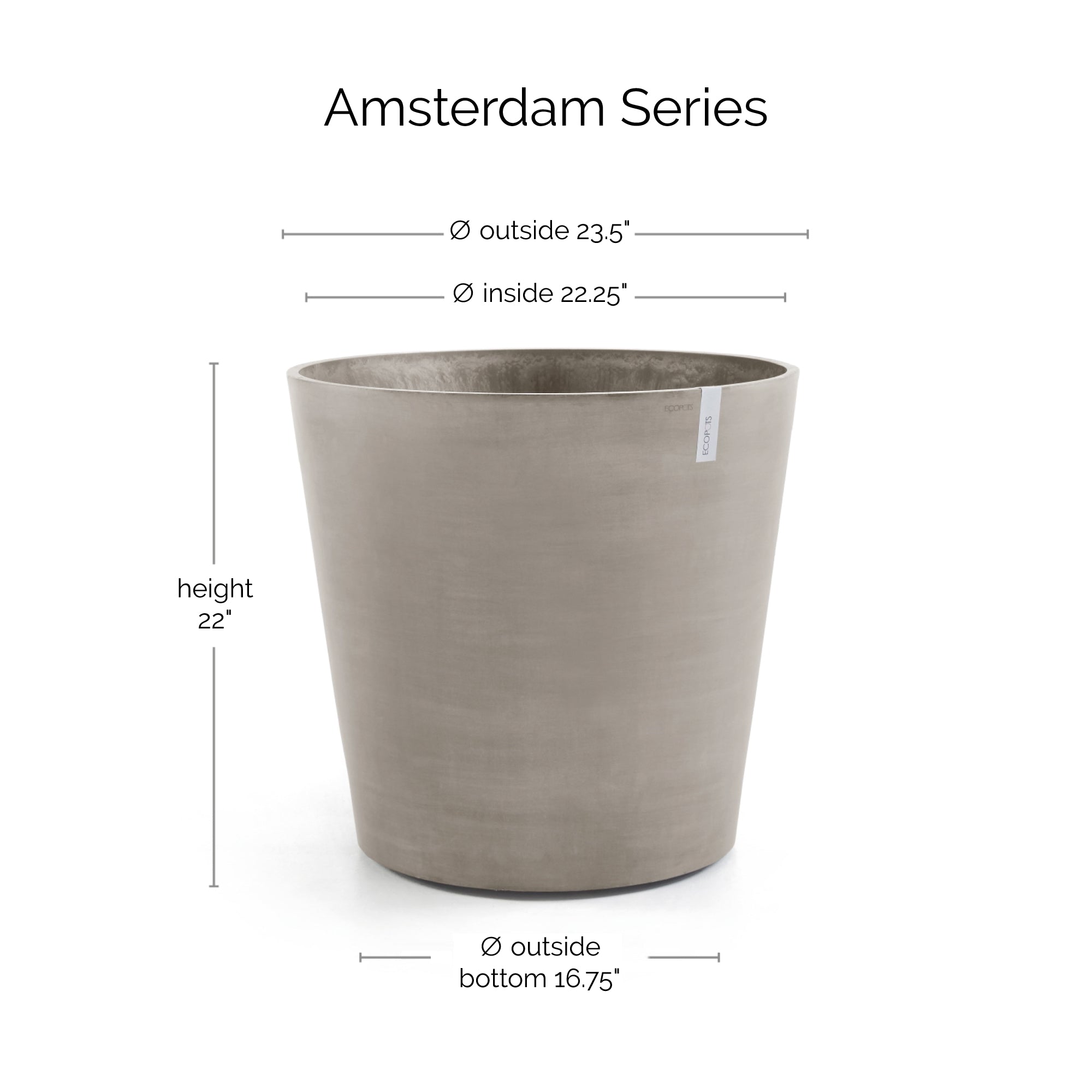 Ecopots Amsterdam Wheels Durable Modern Round Indoor/Outdoor Recycled-Based Composite Flower Pot Planter, 23.5"