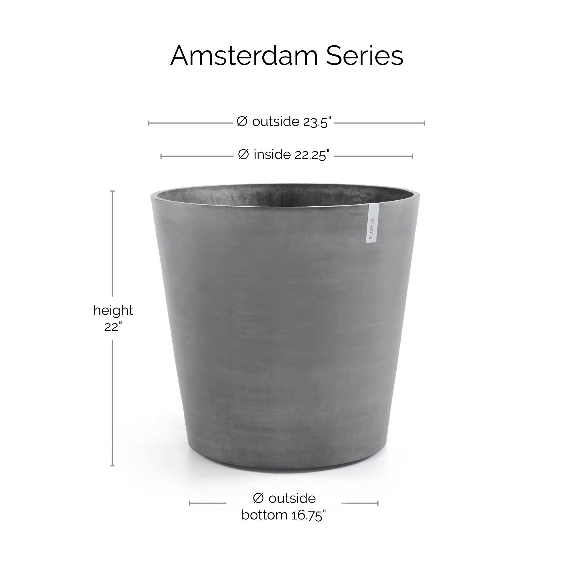 Ecopots Amsterdam Wheels Durable Modern Round Indoor/Outdoor Recycled-Based Composite Flower Pot Planter, 23.5"