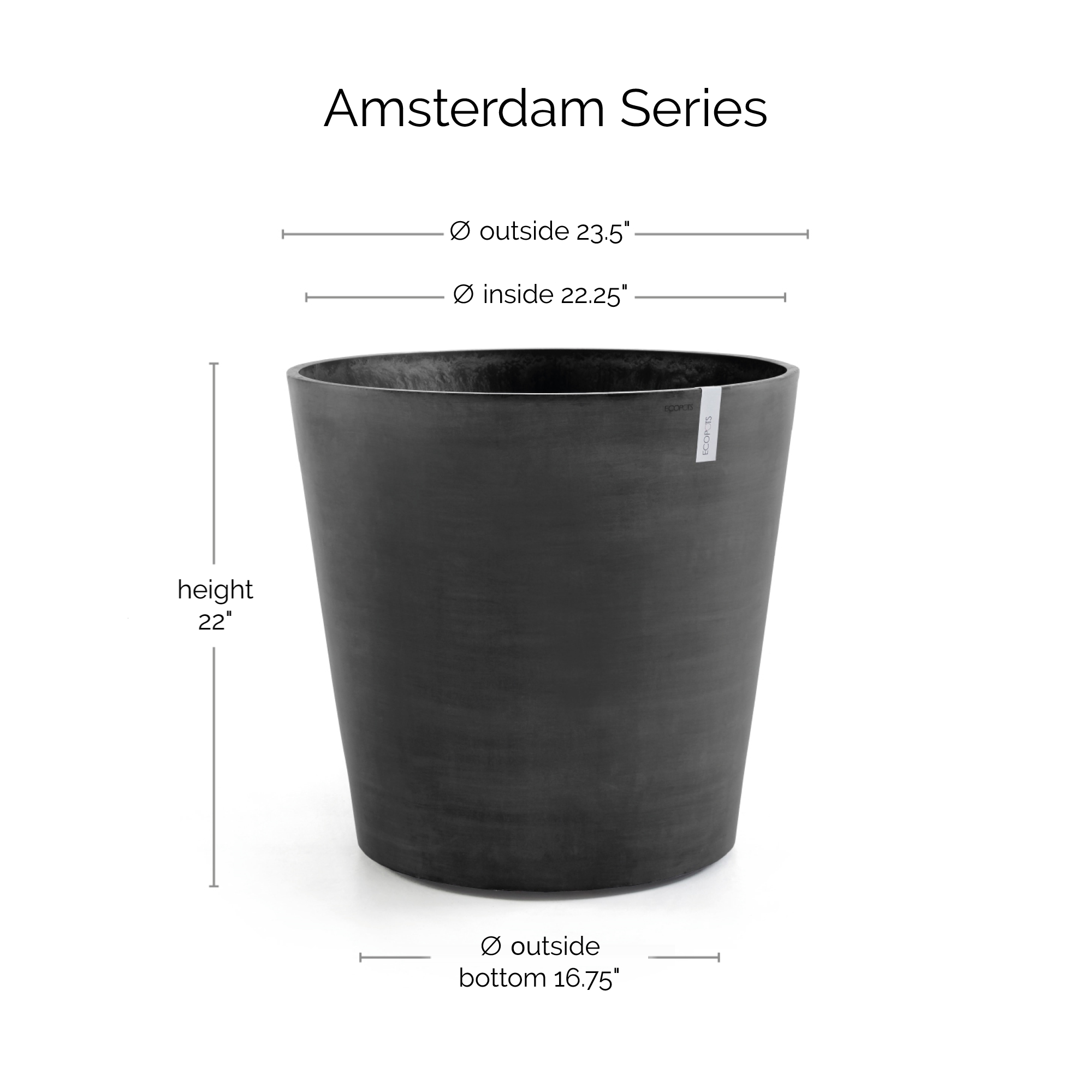 Ecopots Amsterdam Wheels Durable Modern Round Indoor/Outdoor Recycled-Based Composite Flower Pot Planter, 23.5"