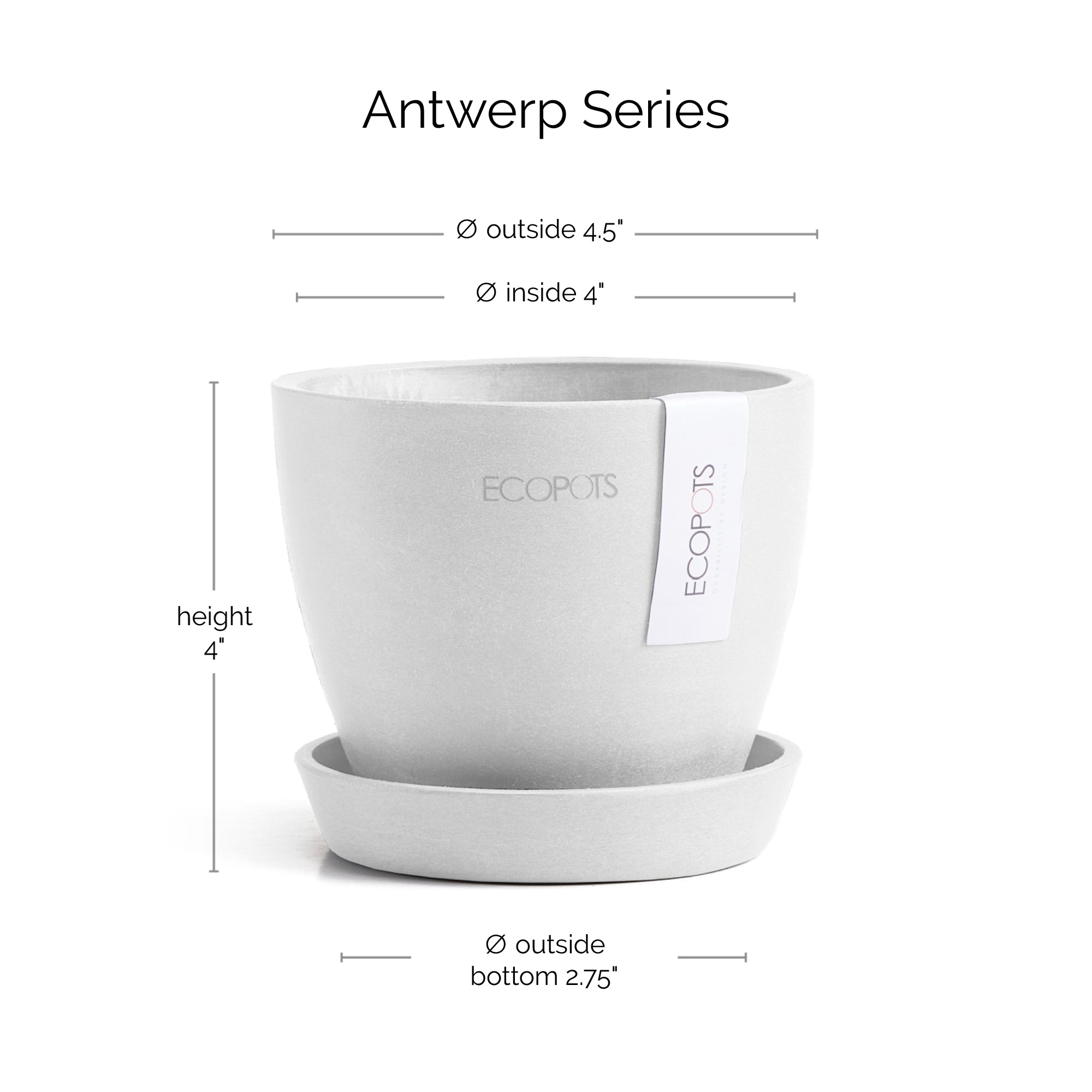 Ecopots Antwerp Mini Durable Modern Round Indoor/Outdoor Recycled-Based Composite Flower Pot Planter w/ Saucer