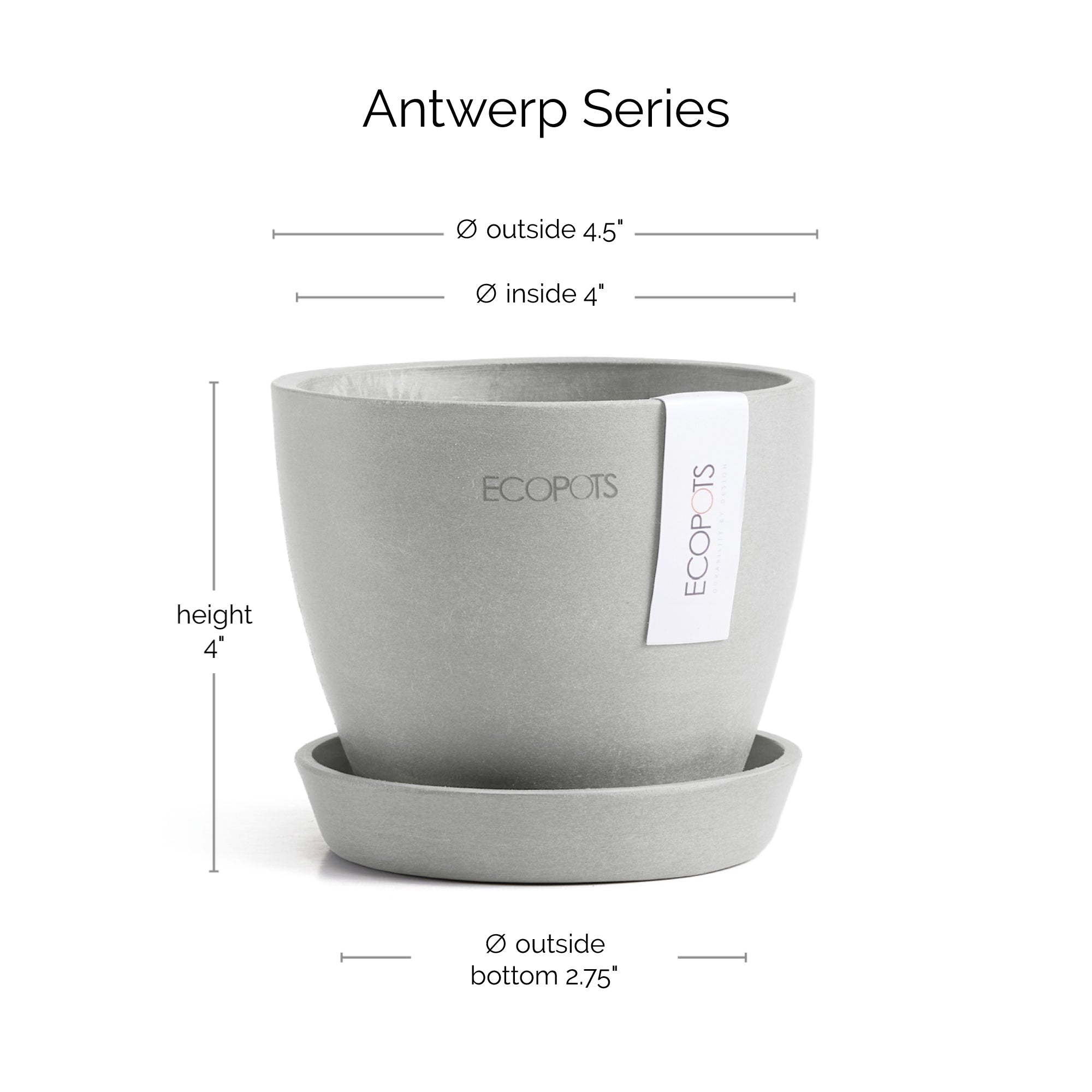 Ecopots Antwerp Mini Durable Modern Round Indoor/Outdoor Recycled-Based Composite Flower Pot Planter w/ Saucer