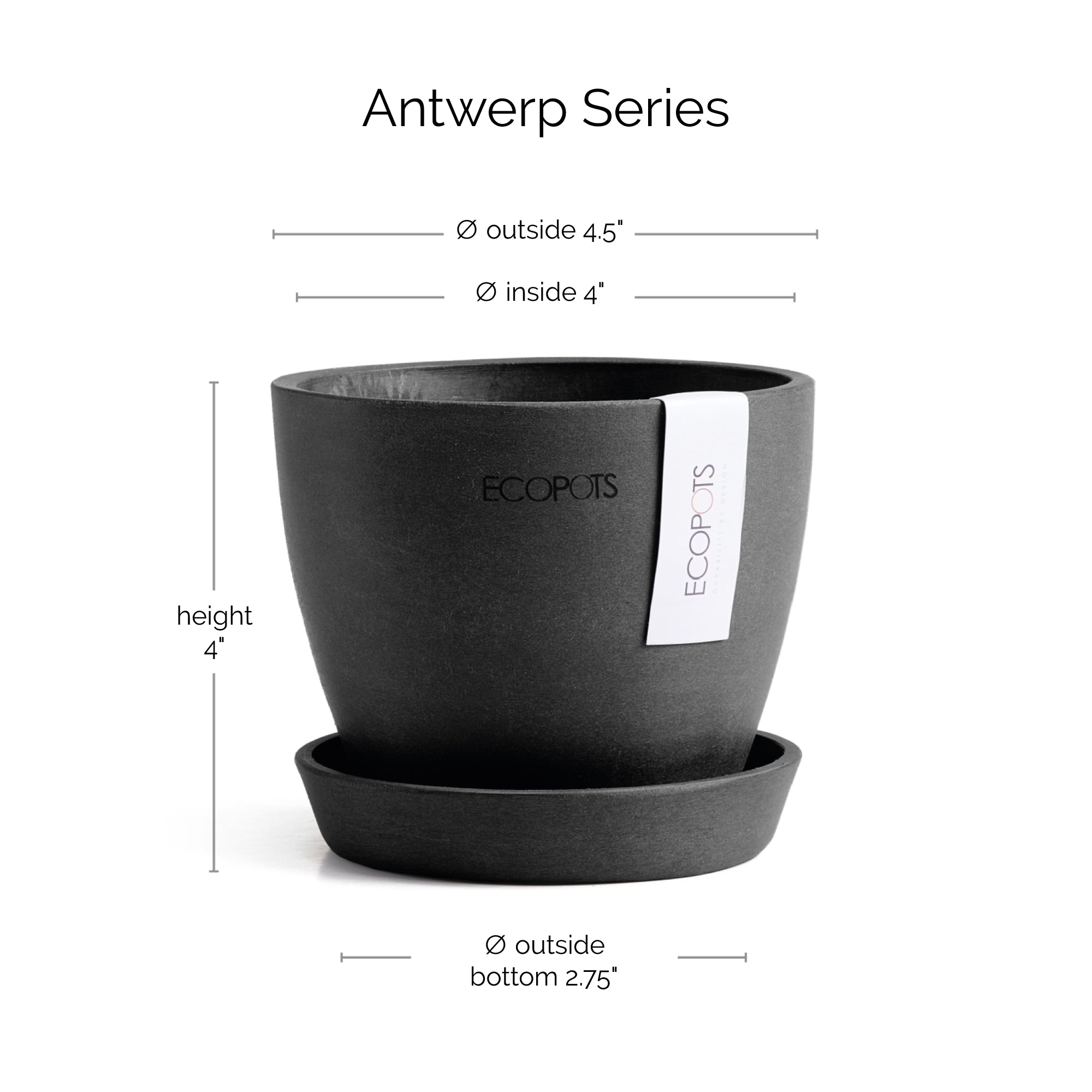 Ecopots Antwerp Mini Durable Modern Round Indoor/Outdoor Recycled-Based Composite Flower Pot Planter w/ Saucer