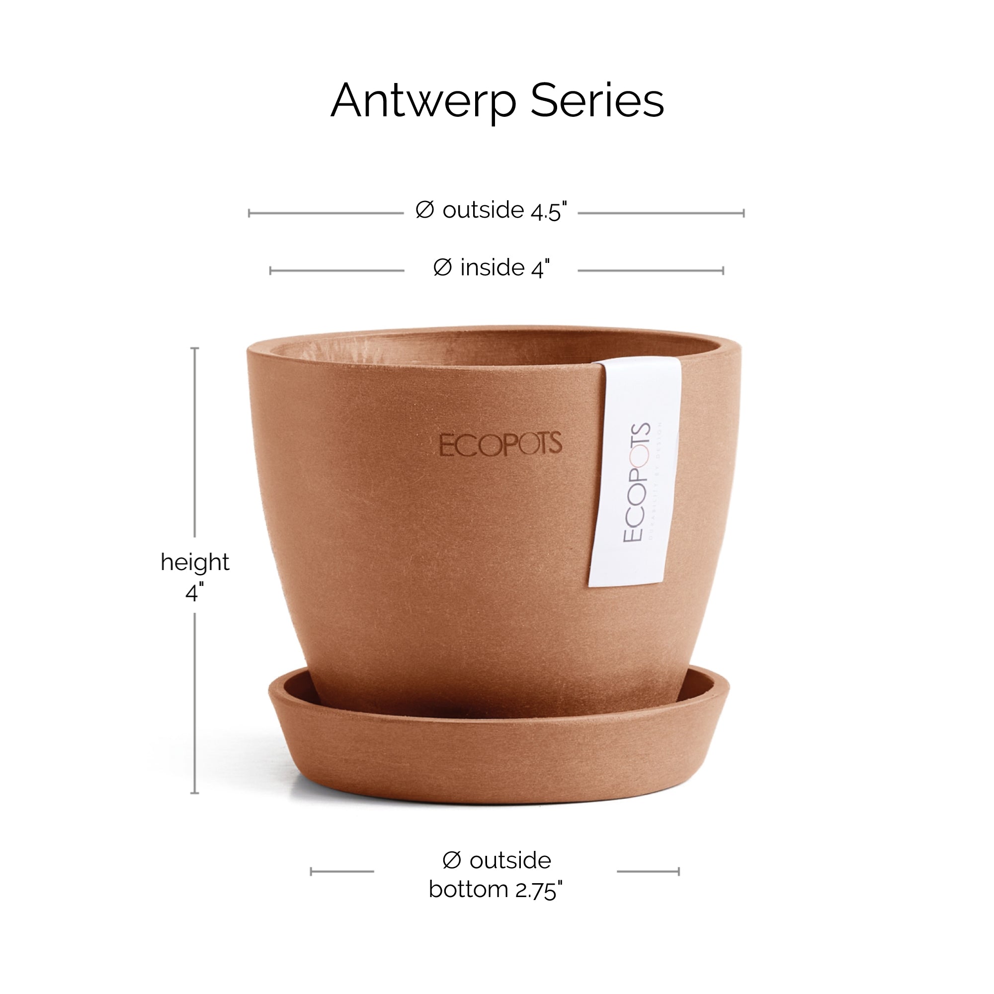 Ecopots Antwerp Mini Durable Modern Round Indoor/Outdoor Recycled-Based Composite Flower Pot Planter w/ Saucer