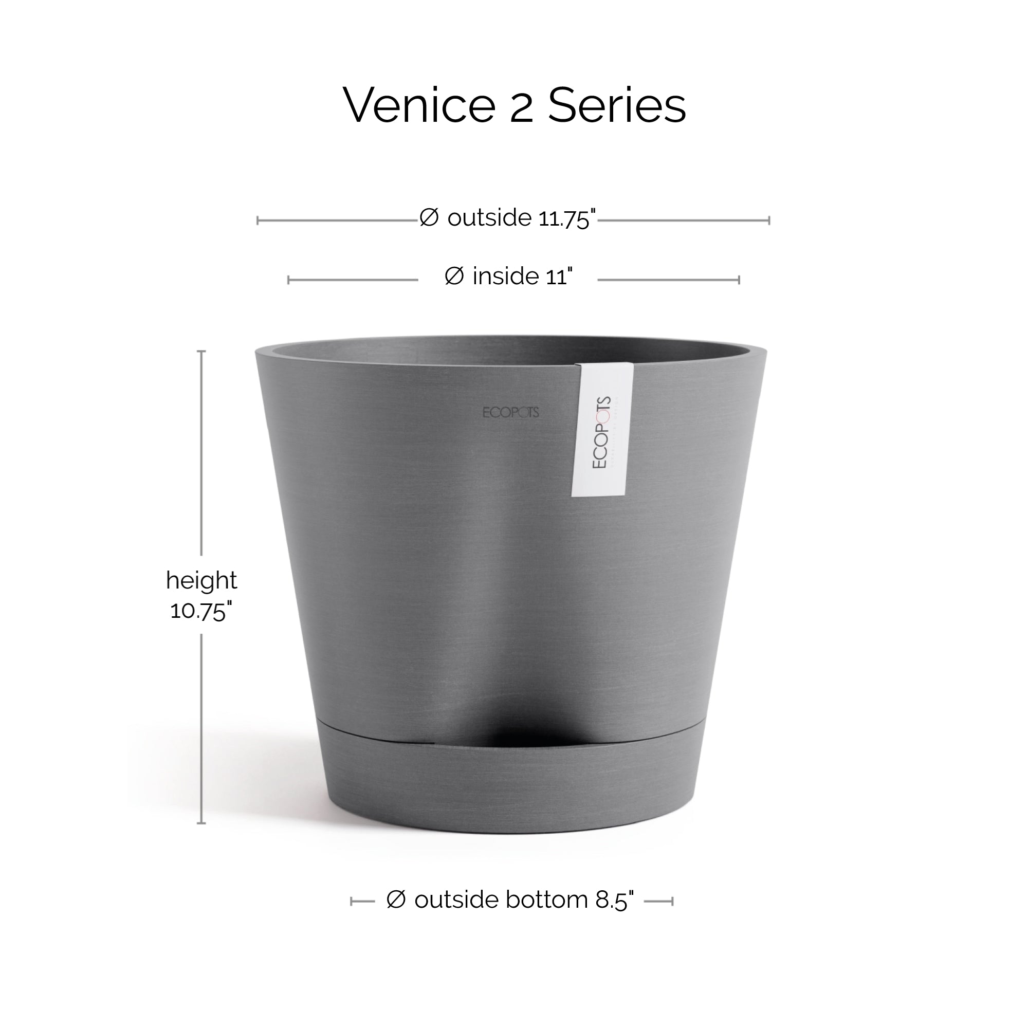 Ecopots Venice 2 Durable Modern Round Indoor/Outdoor Recycled-Based Composite Flower Pot Planter w/ Water Reservoir