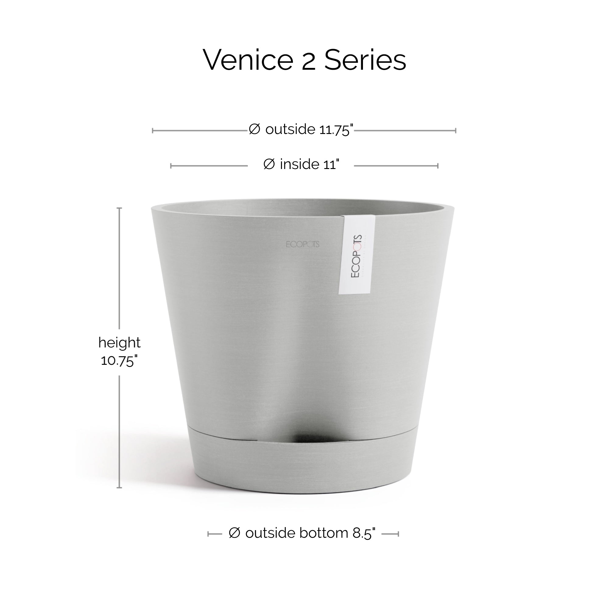 Ecopots Venice 2 Durable Modern Round Indoor/Outdoor Recycled-Based Composite Flower Pot Planter w/ Water Reservoir