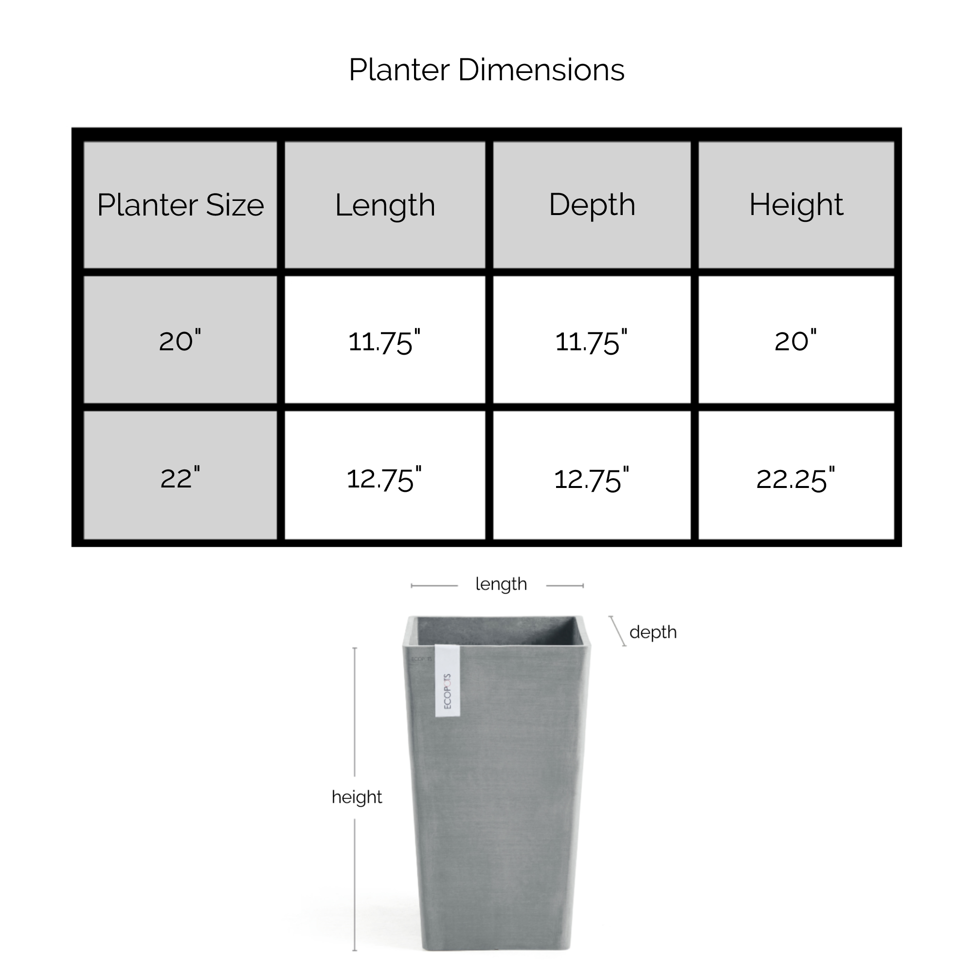 Ecopots Rotterdam Mid High Durable Modern Square Indoor/Outdoor Recycled-Based Composite Flower Planter