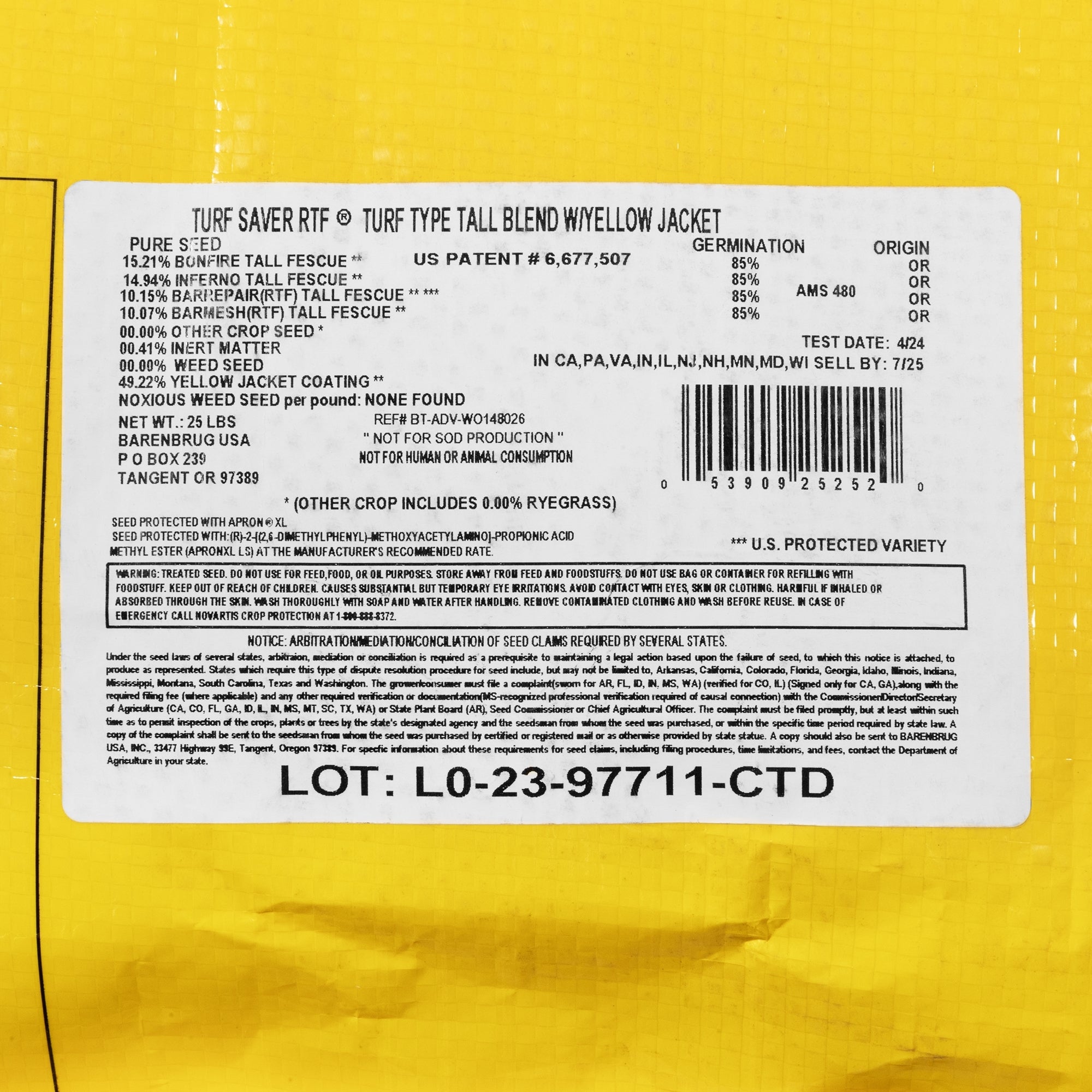 Barenbrug Turf Savor RTF Grass Seed Blend with Yellow Jacket Seed Coating, 25lb