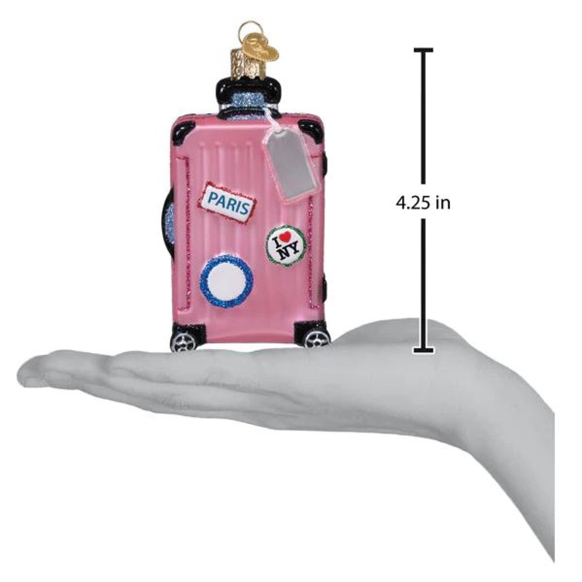 Old World Christmas Blown Glass Ornament for Christmas Tree, Pink Rolling Suitcase