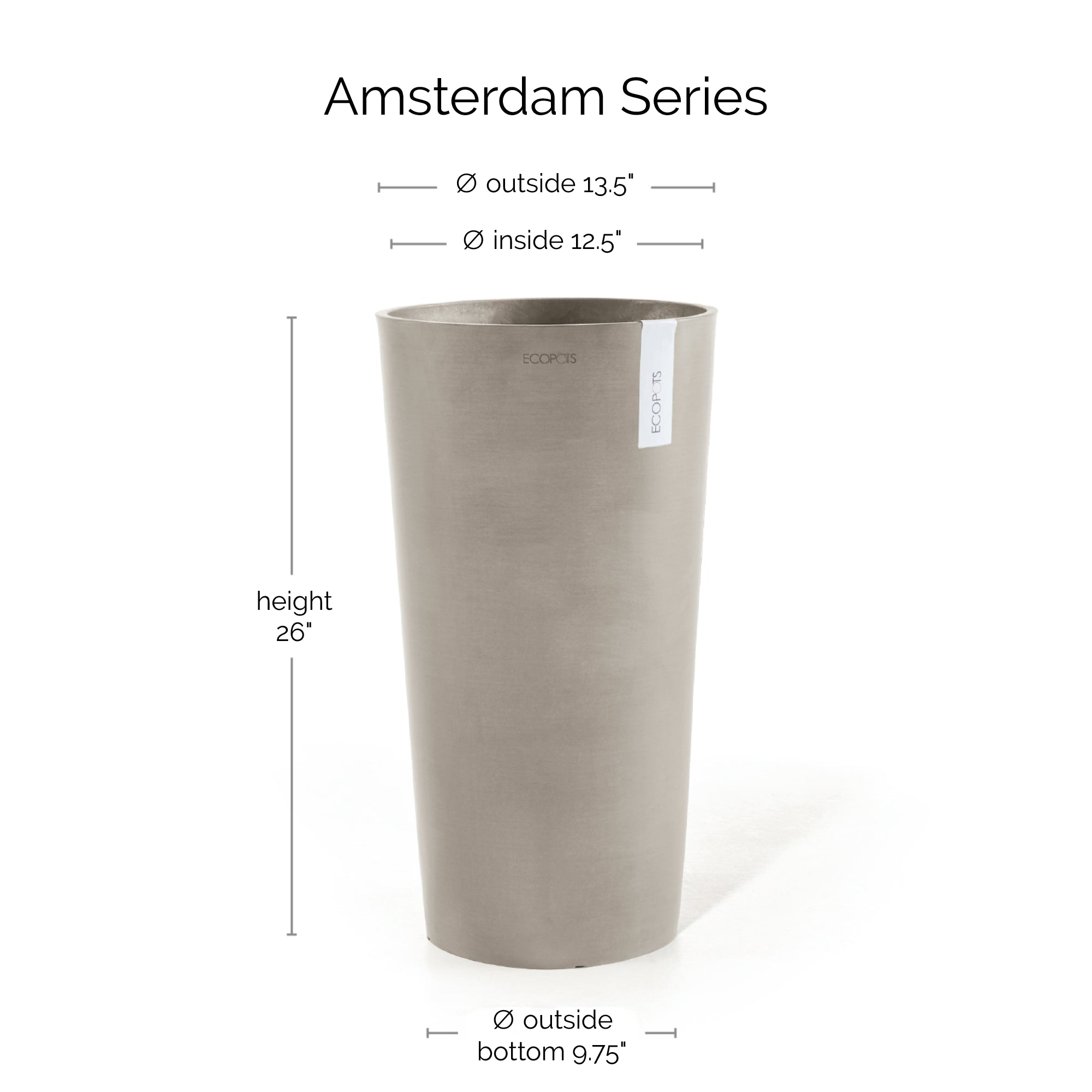 Ecopots Amsterdam Mid High Durable Modern Round Indoor/Outdoor Recycled-Based Composite Flower Pot Planter