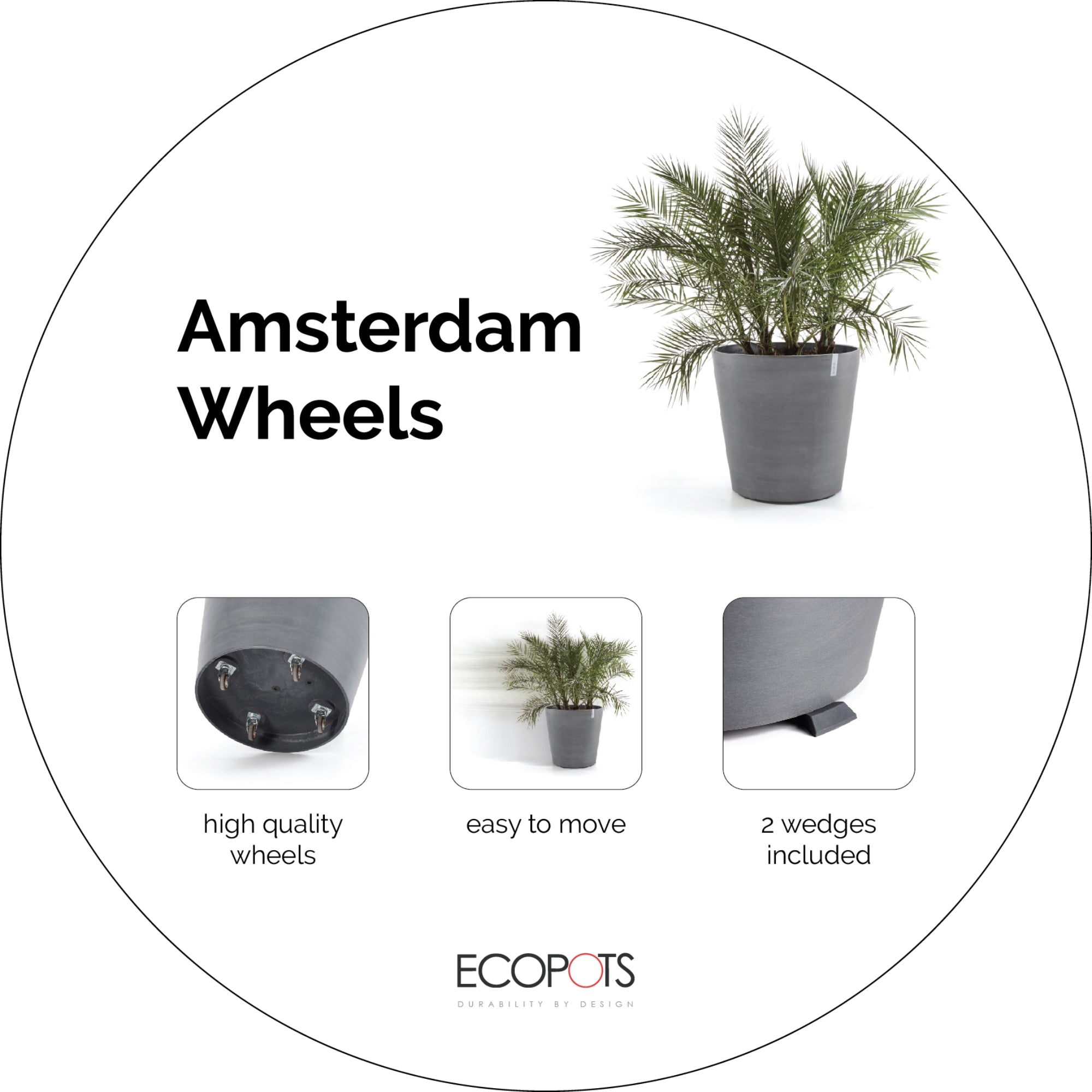 Ecopots Amsterdam Wheels Durable Modern Round Indoor/Outdoor Recycled-Based Composite Flower Pot Planter, 23.5"