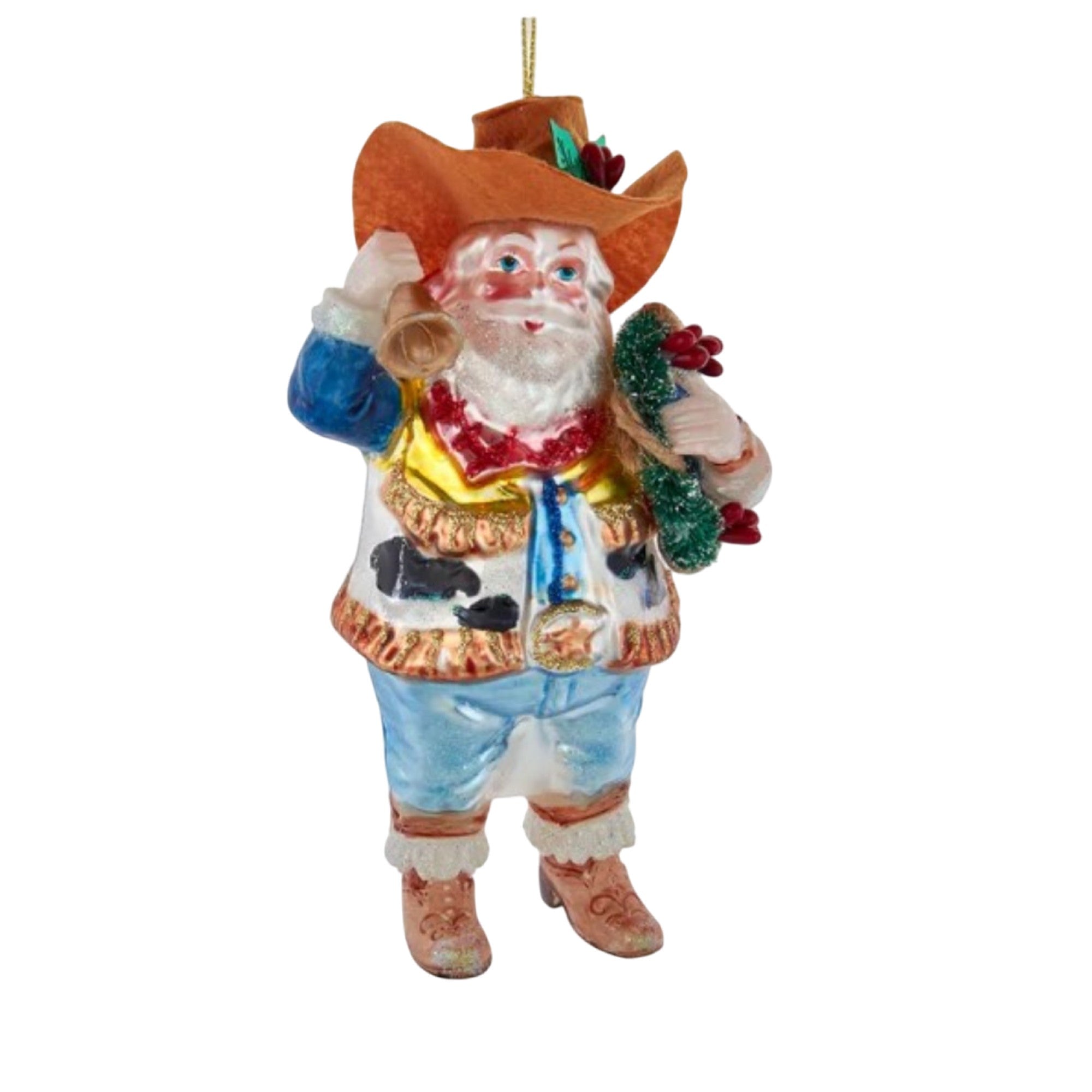 Kurt Adler Glass Ornament for Christmas Tree, Cowboy Santa