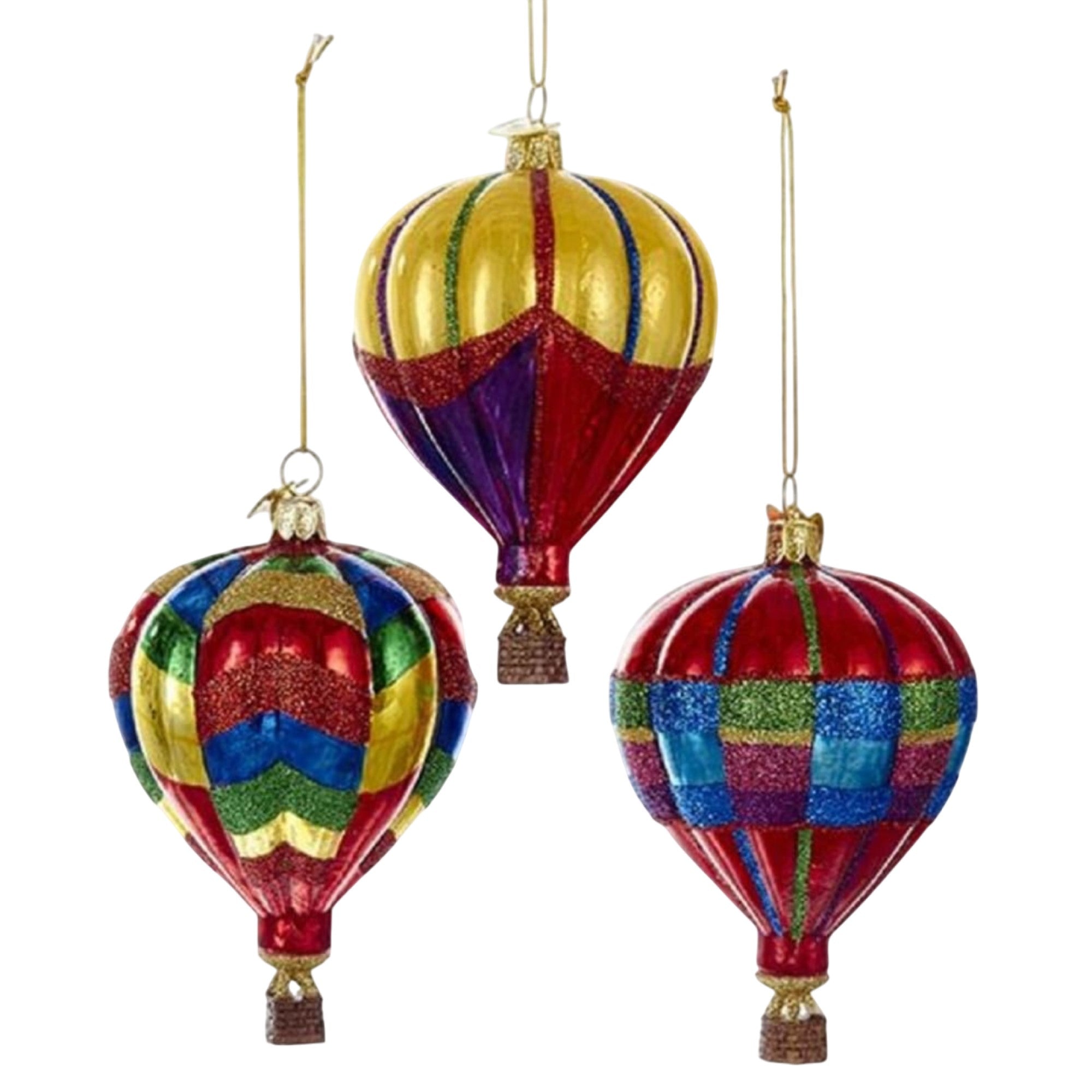 Kurt Adler Noble Gems Glass Ornaments for Christmas Tree, Hot Air Balloons, Assorted (Pack of 3)