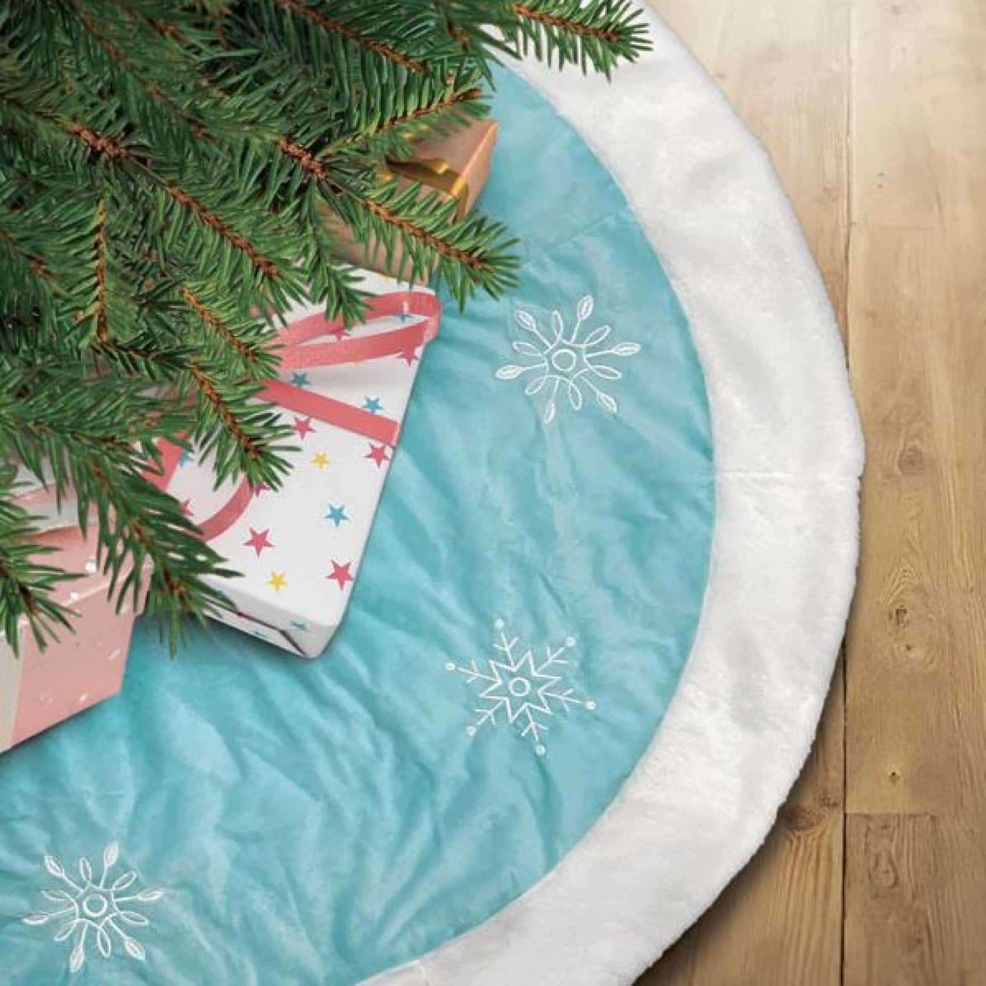 Old World Christmas Blue Embroidered Christmas Tree Skirt, Snowflakes with Faux Fur Trim, 48in