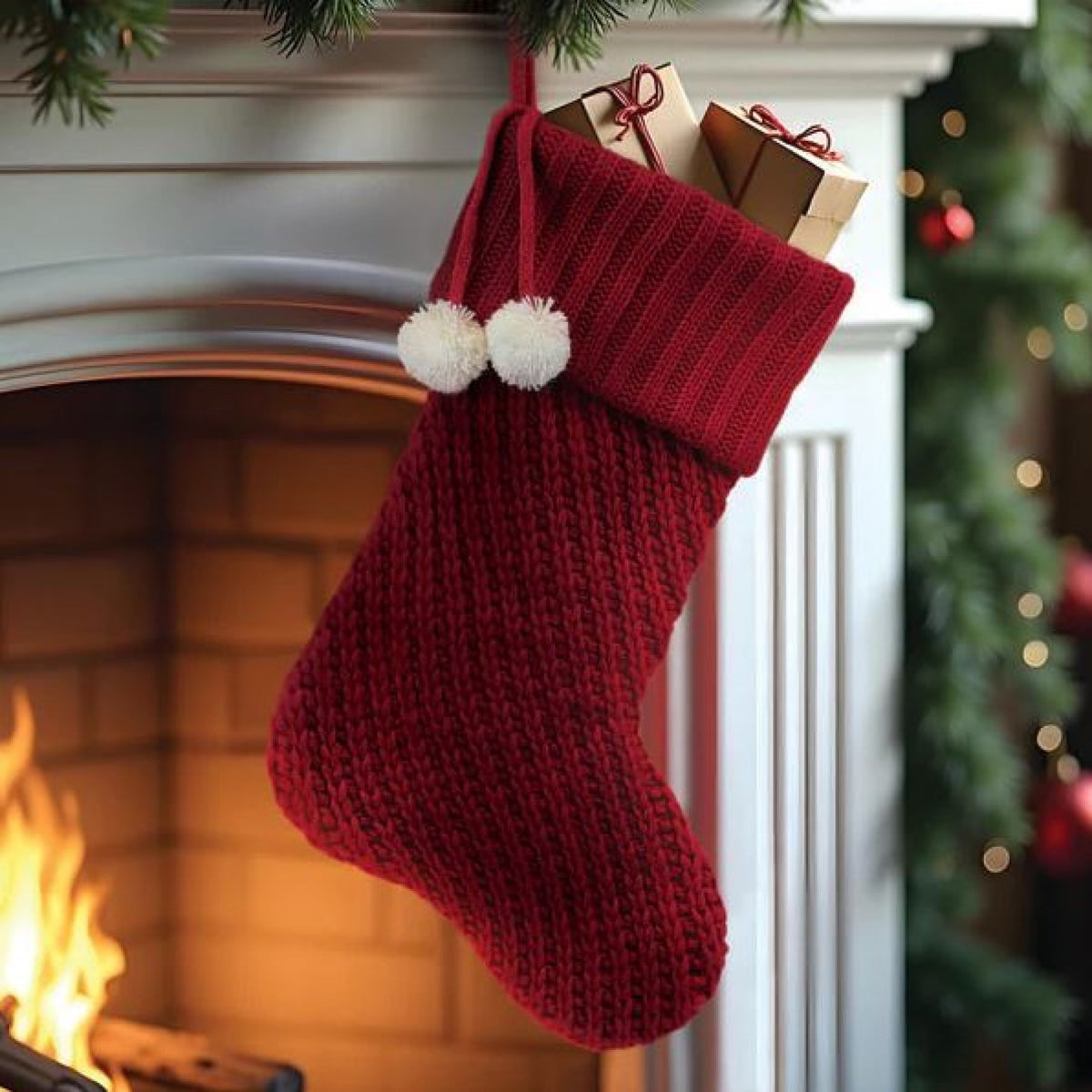 Old World Christmas Knit Christmas Stocking with White Pompoms, 24"