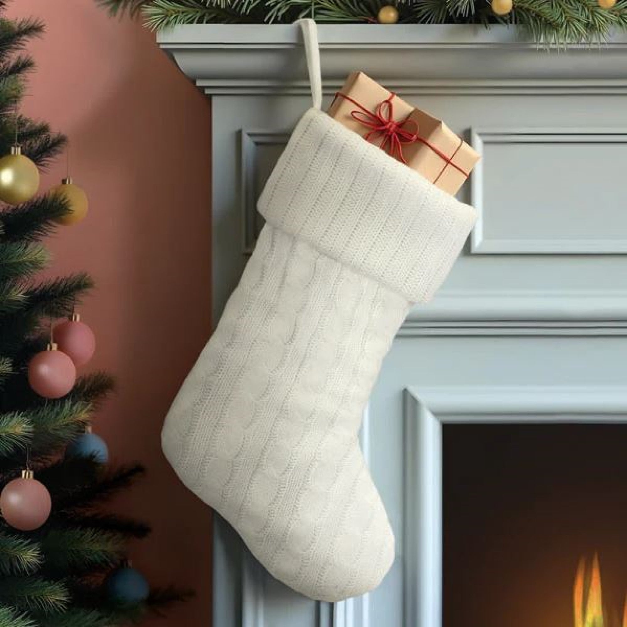 Old World Christmas Knit Christmas Mantle Stocking, White Plush, 24in