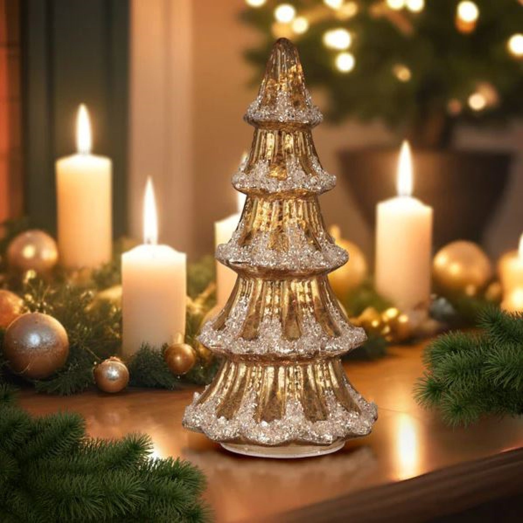 Old World Christmas Glass Battery-Operated Frosted Christmas Tree, Gold, 12in