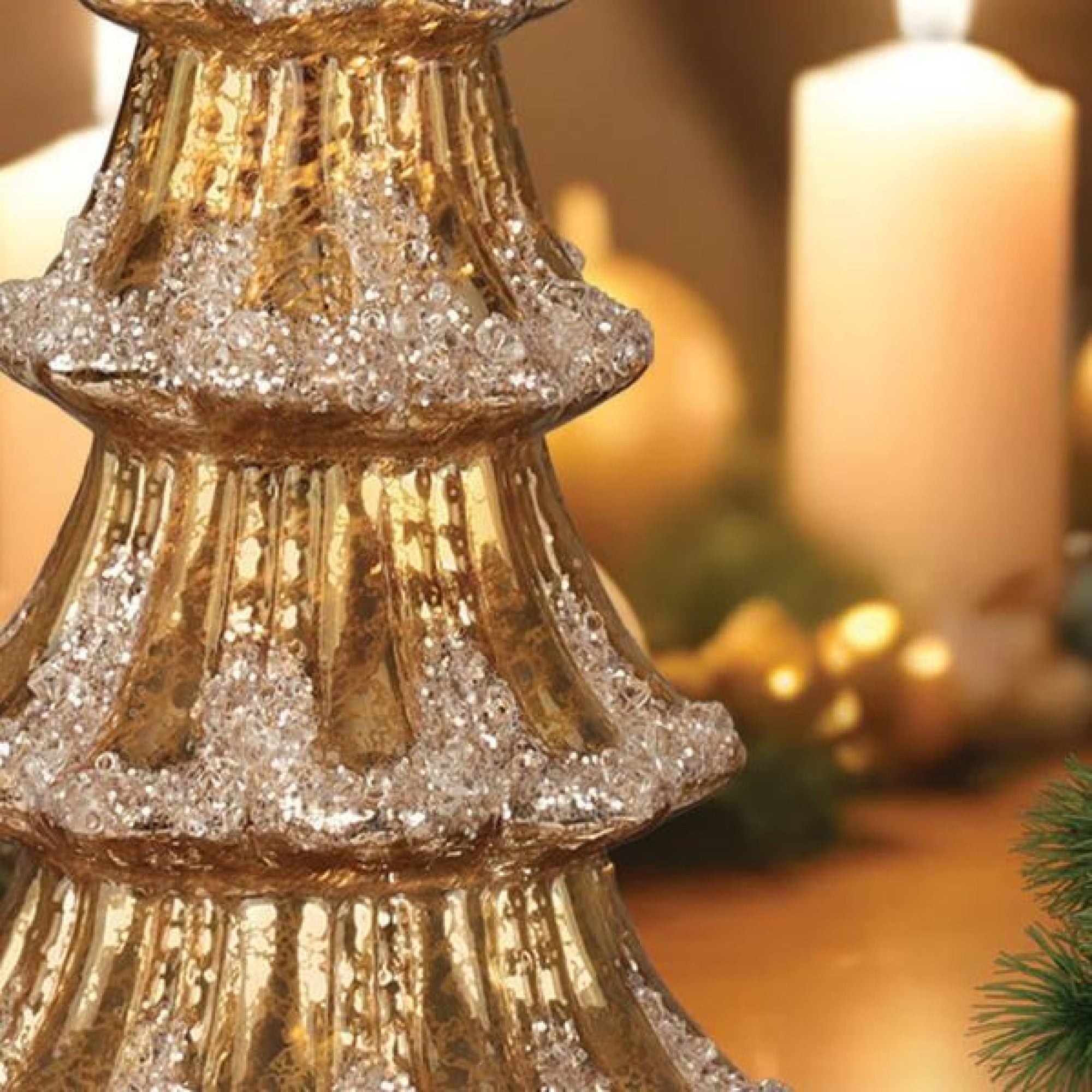 Old World Christmas Glass Battery-Operated Frosted Christmas Tree, Gold, 12in