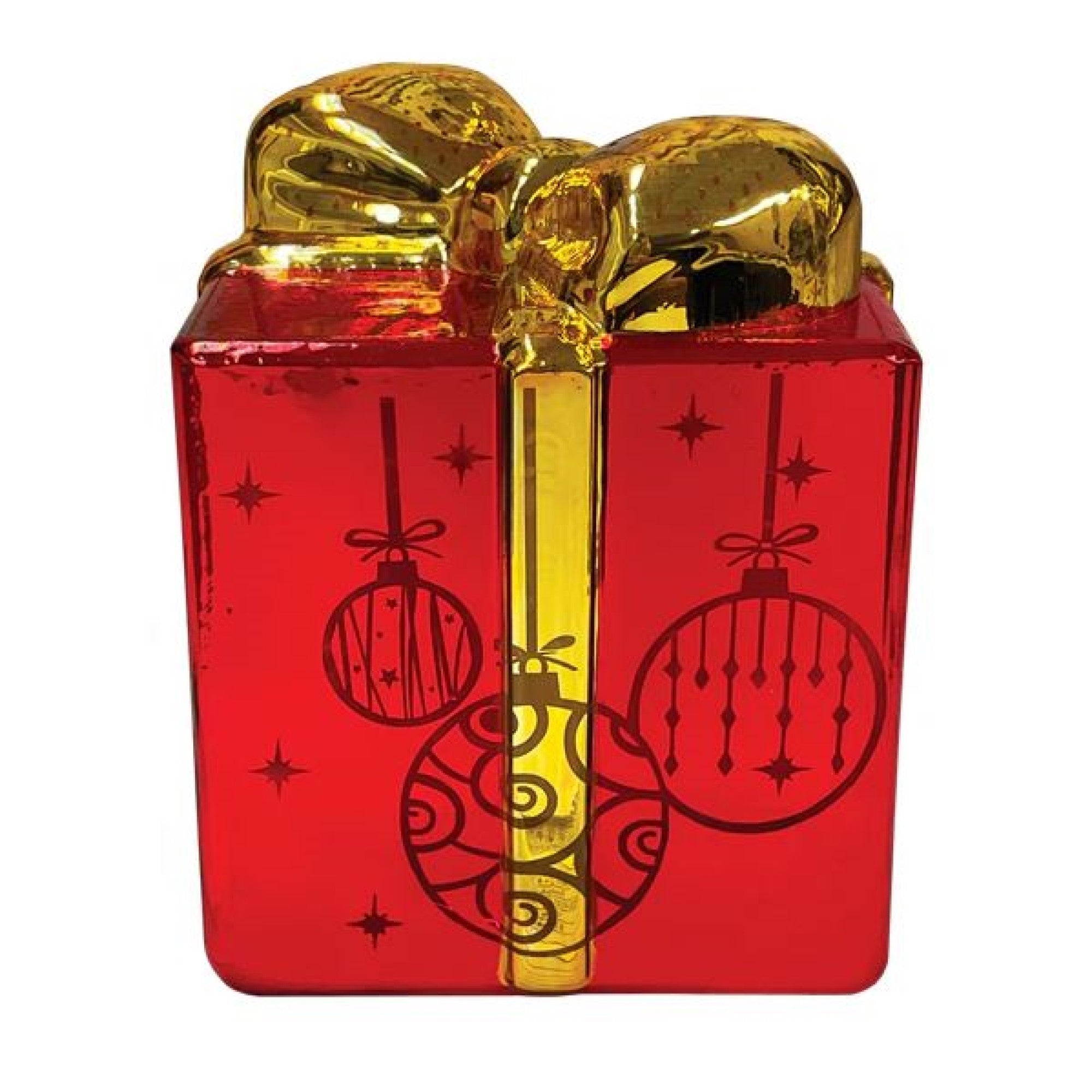 Old World Christmas Battery-Operated Lighted Ceramic Tabletop Decoration, Gift Box, Gold & Red, 4"