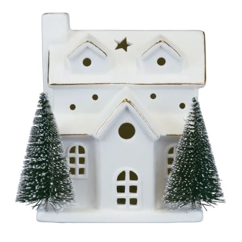 Old World Christmas Battery-Operated Lighted Ceramic Tabletop Decoration, House with Trees, 6"