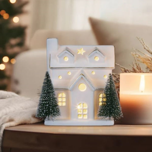Old World Christmas Battery-Operated Lighted Ceramic Tabletop Decoration, House with Trees, 6"