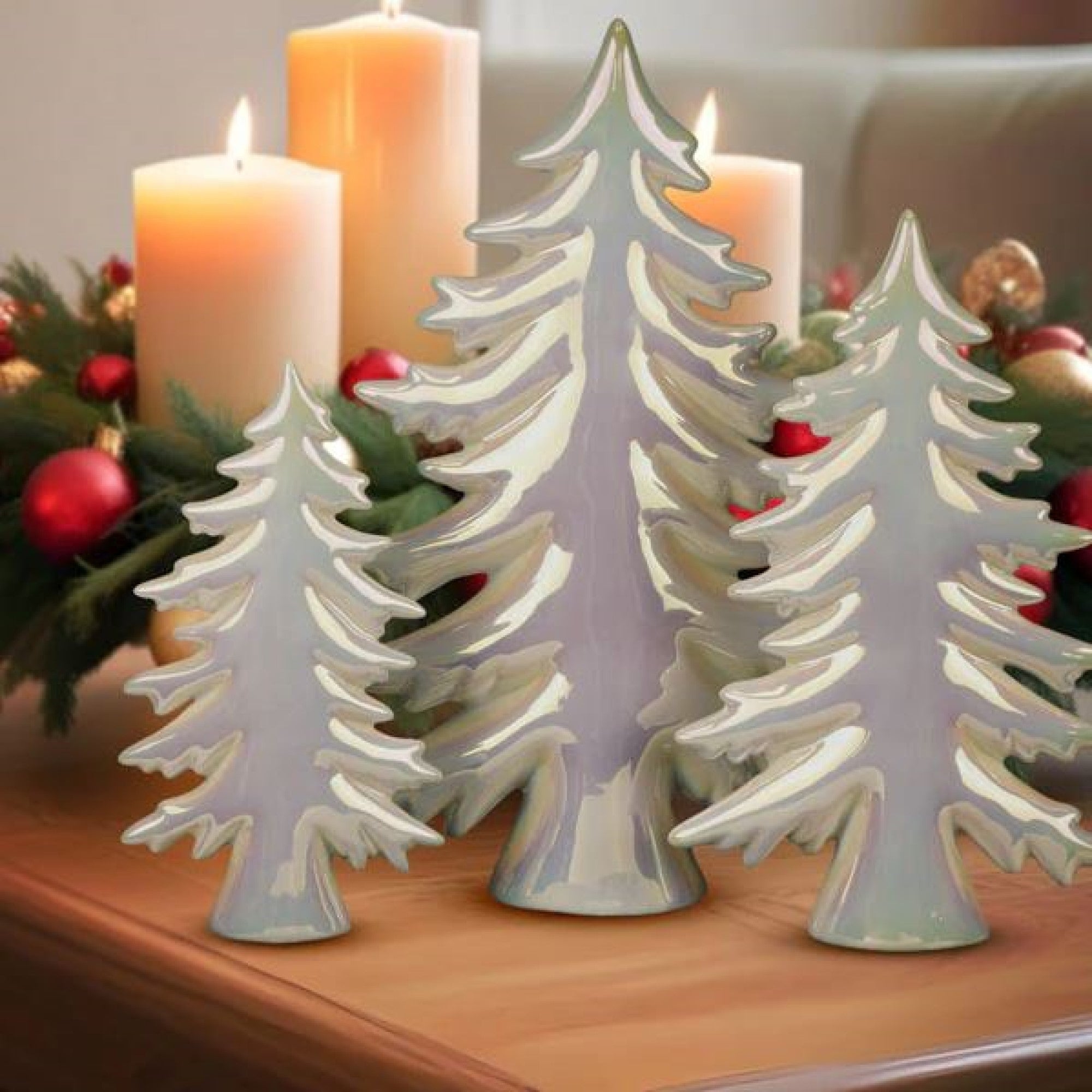 Old World Christmas Ceramic Decorative Iridescent Tree Set, 3 Assorted Sizes