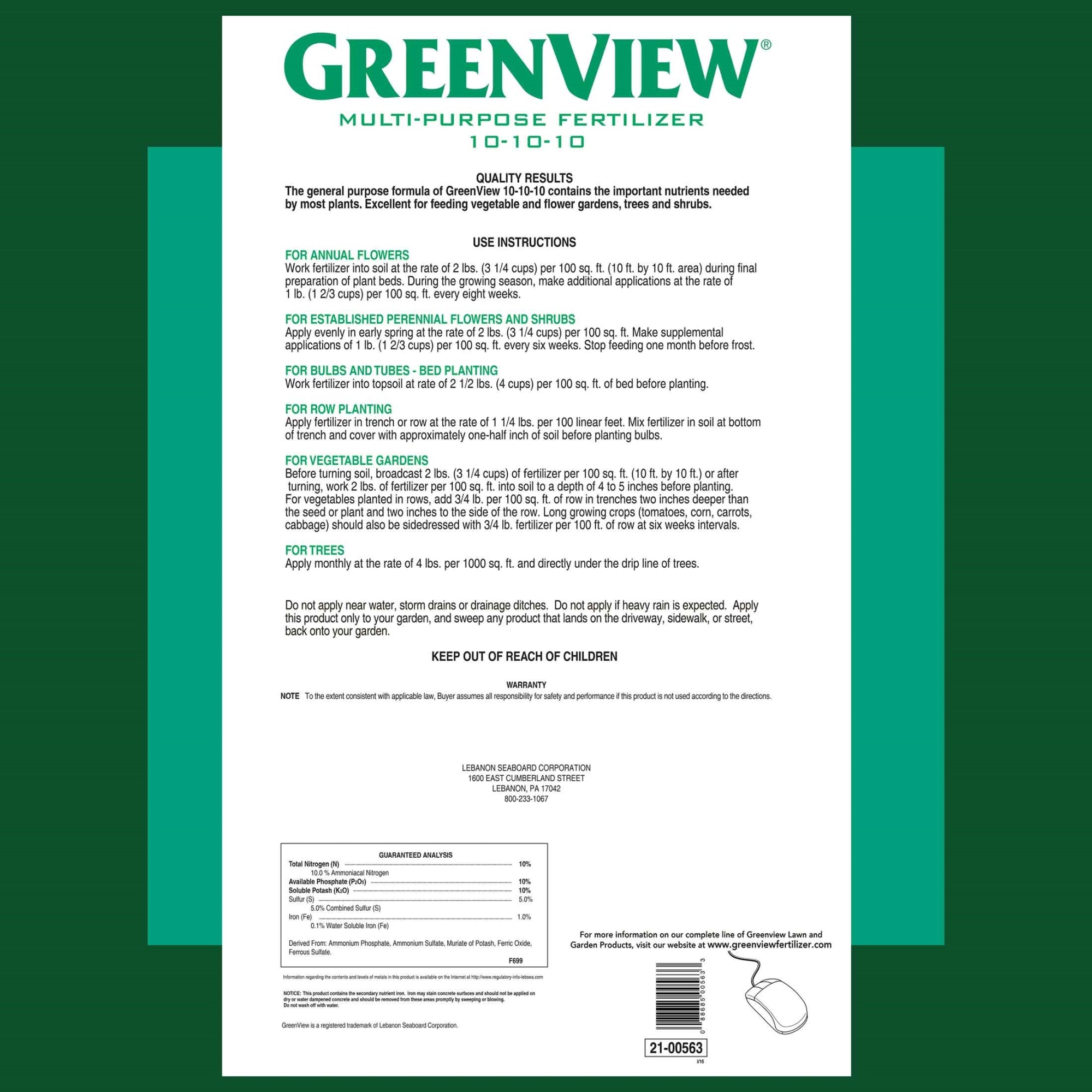 GreenView Multi Purpose Fertilizer 10-10-10 Granular Fertilizer for Lawns, Vegetables, Flowers, Trees & Shrubs, 40lb