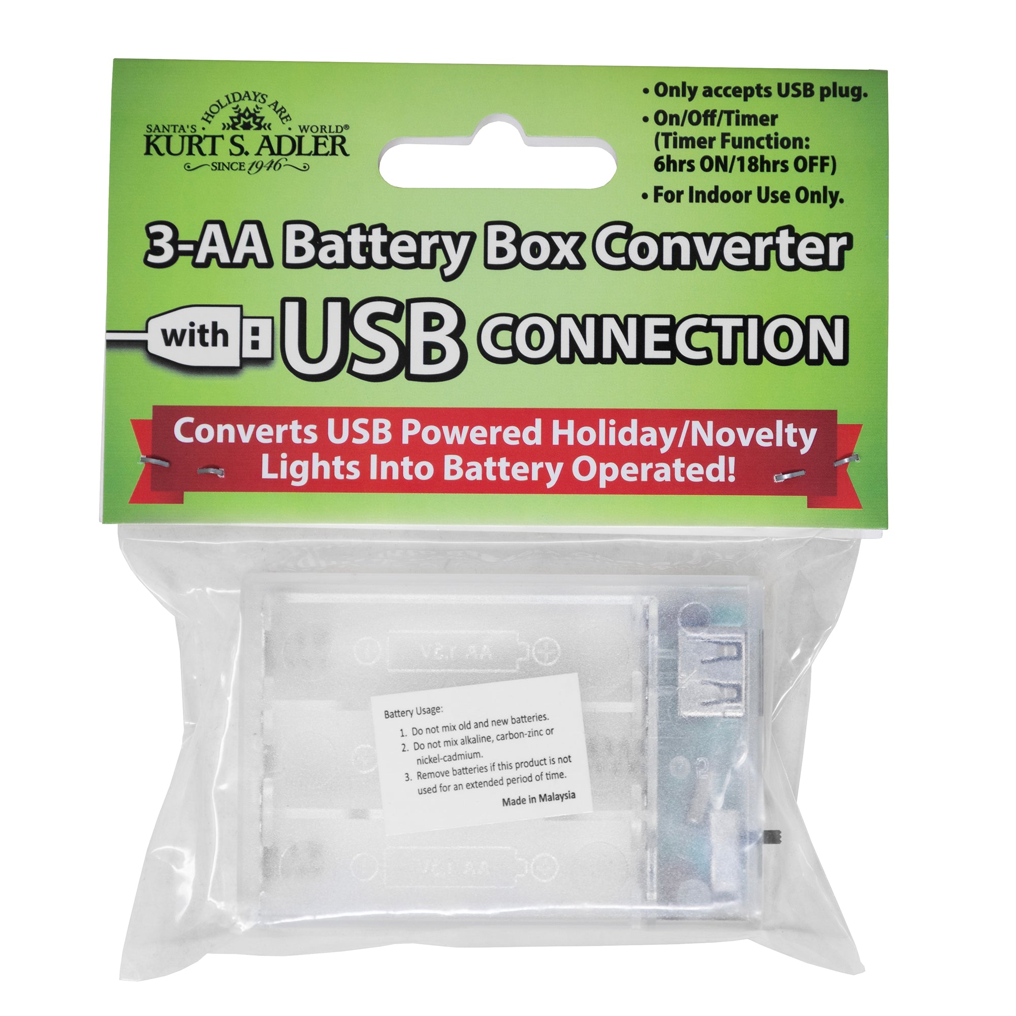 Kurt Adler Empty 3 "AA" Battery Box with USB Connection & Timer