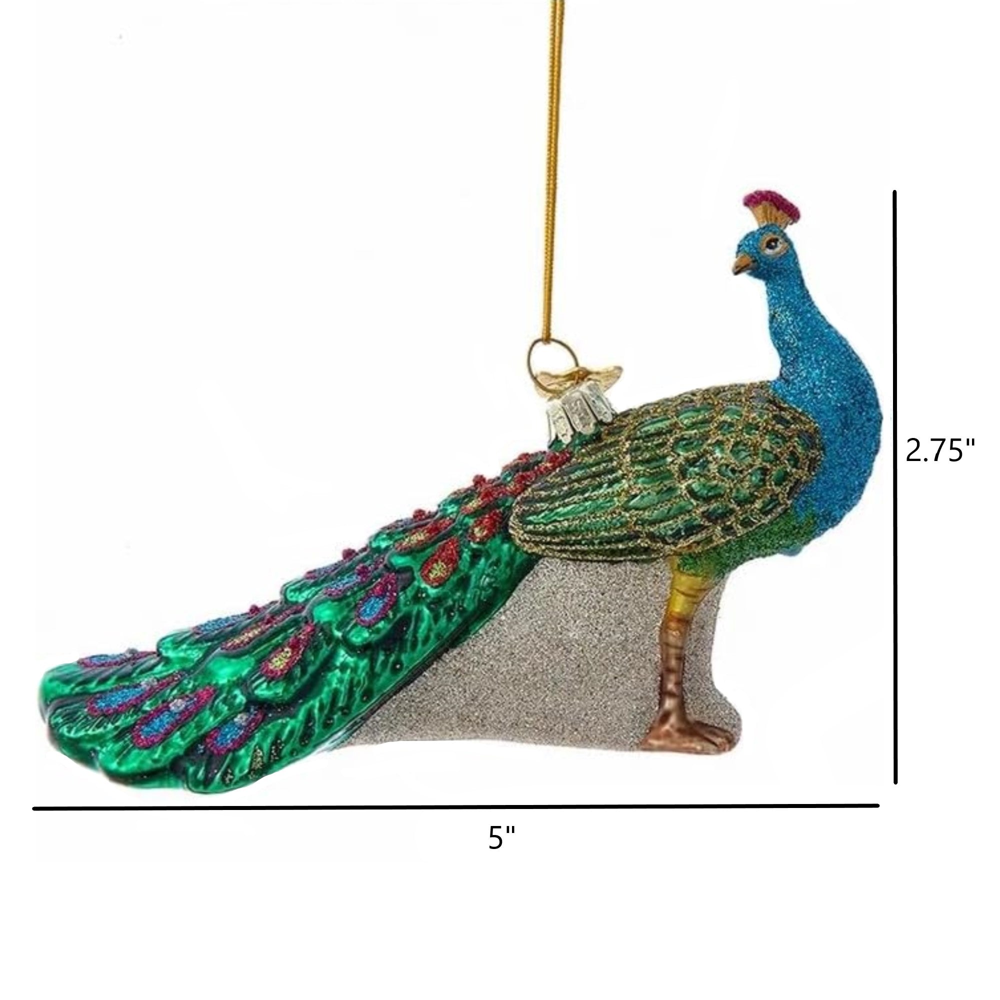 Kurt Adler Noble Gems Glass Ornament for Christmas Tree, Glittered Peacock, Green & Blue