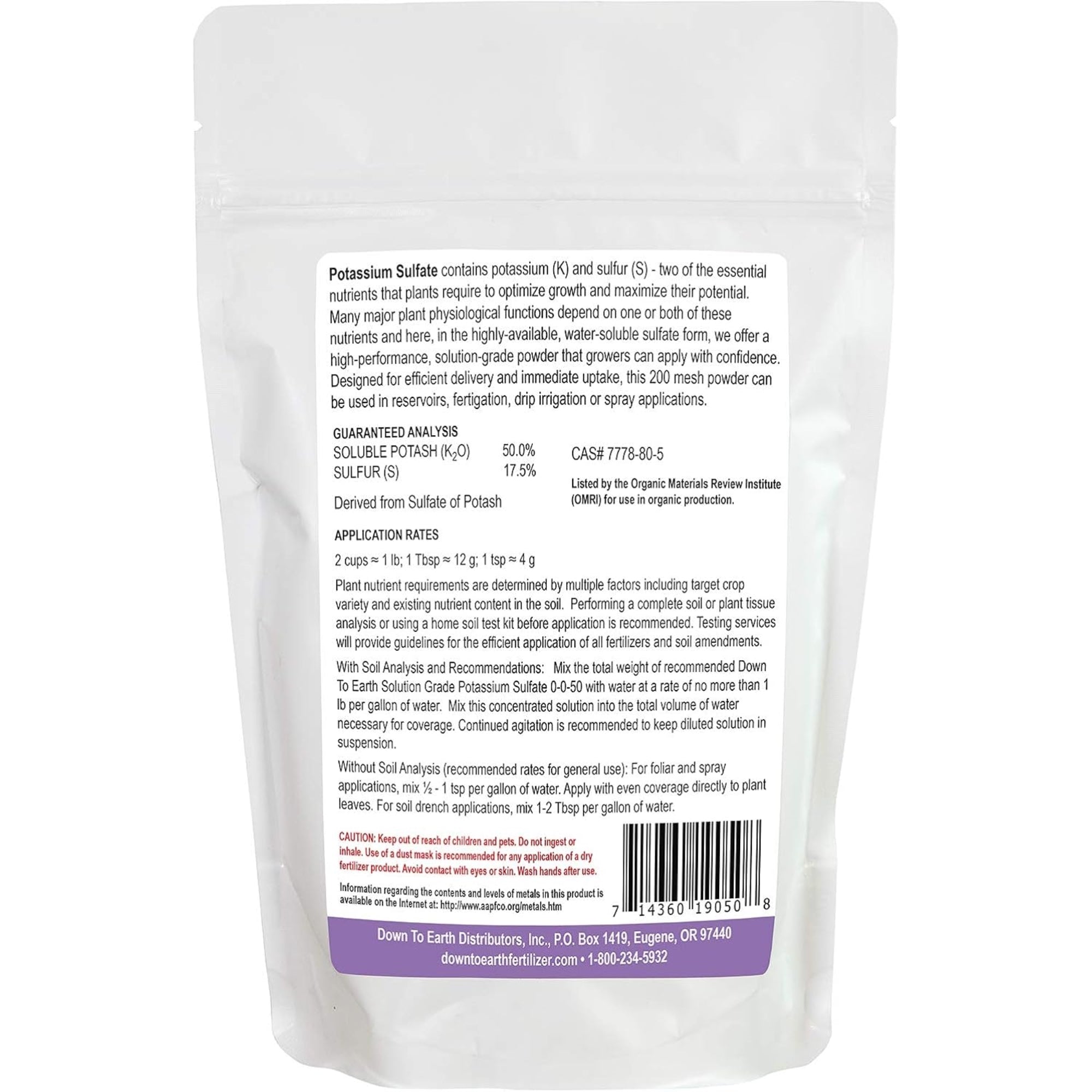 Down To Earth Potassium Sulfate 0-0-50 Solution Grade Fertilizer, 1lb