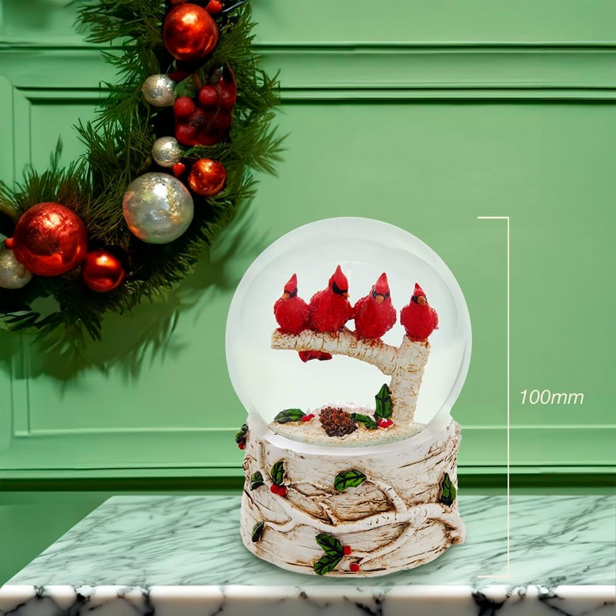 Kurt Adler Wind-Up Musical Cardinals with Tree "We Wish You A Merry Christmas" Water Globe, 4"