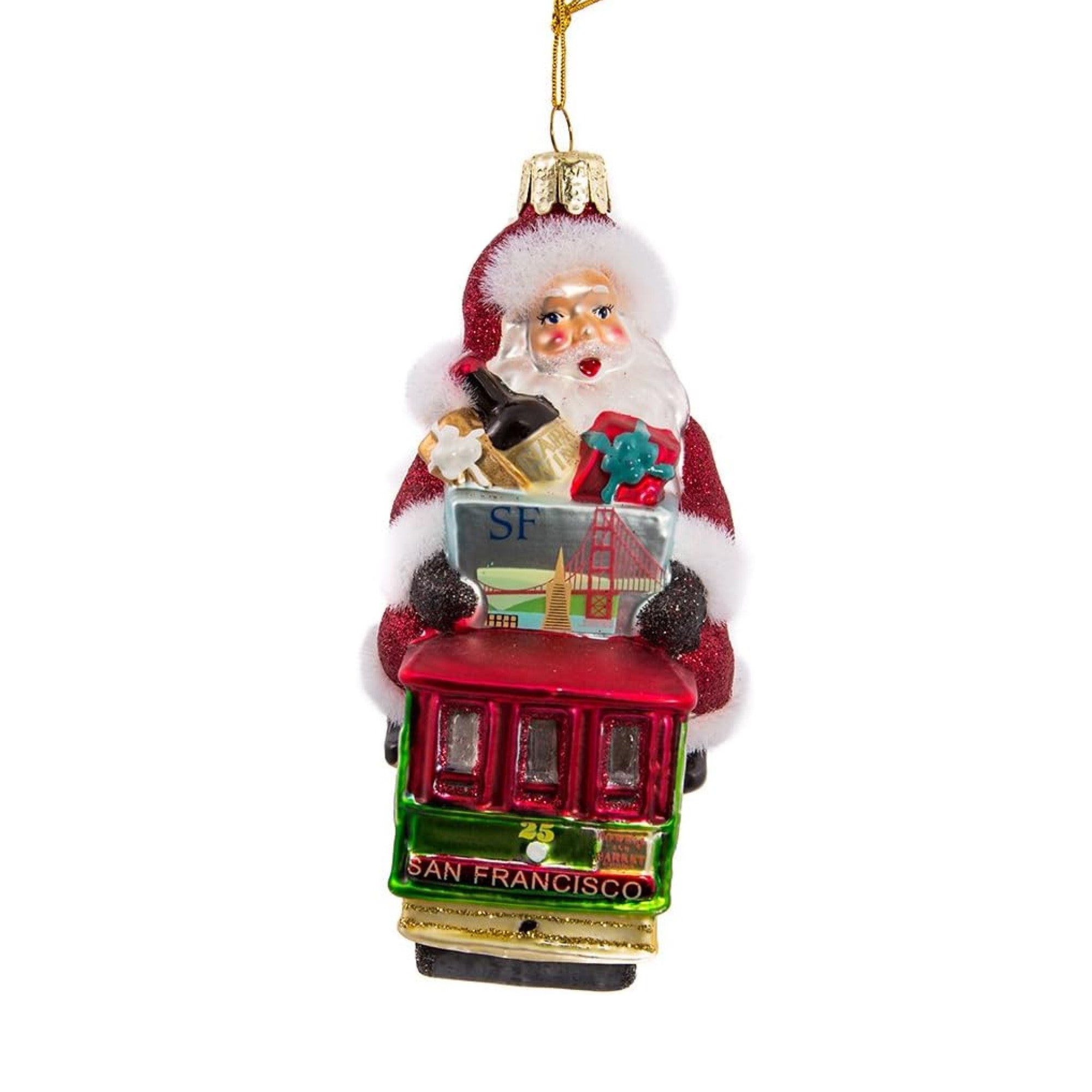 Kurt Adler Glass Ornament for Christmas Tree, San Francisco Trolley with Santa