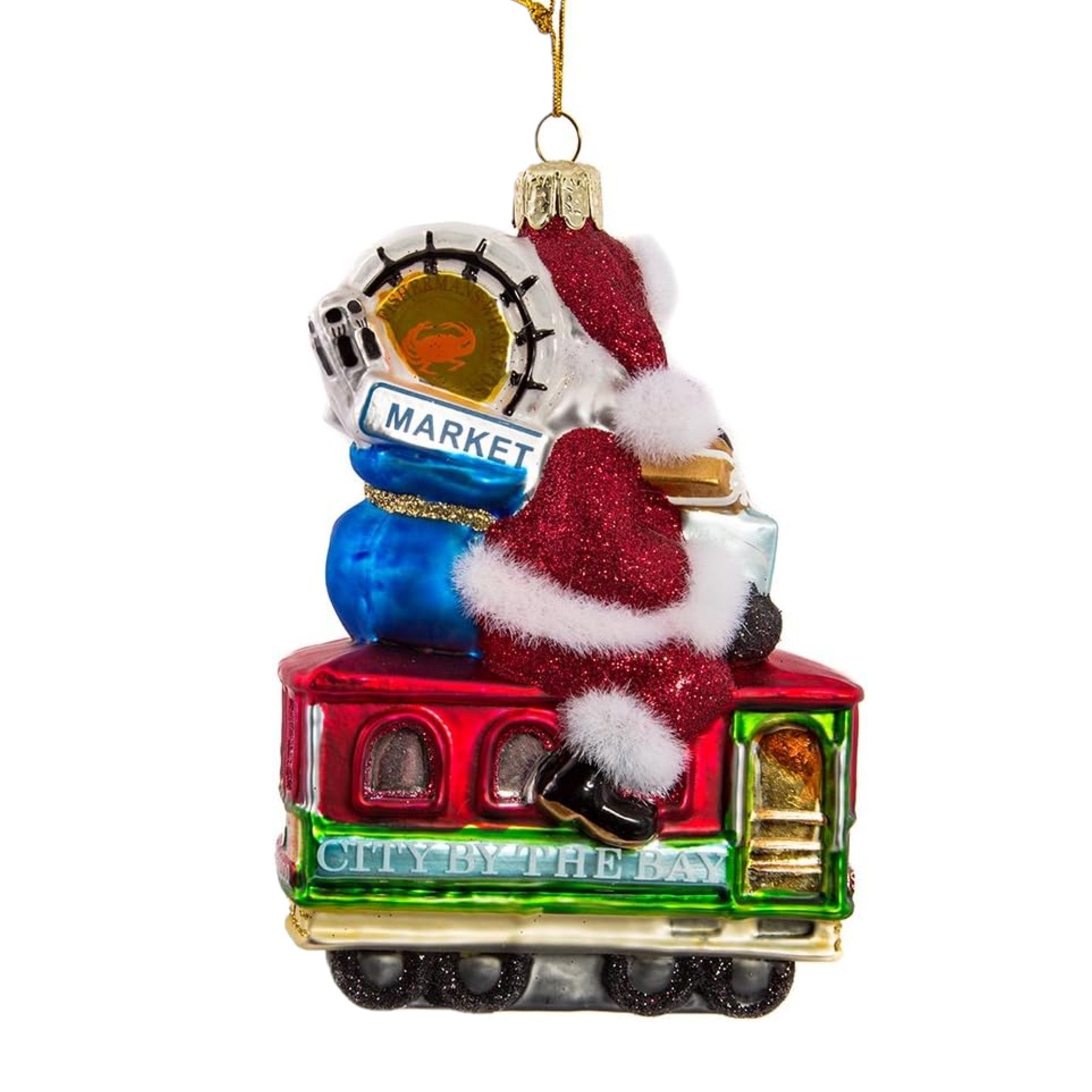 Kurt Adler Glass Ornament for Christmas Tree, San Francisco Trolley with Santa