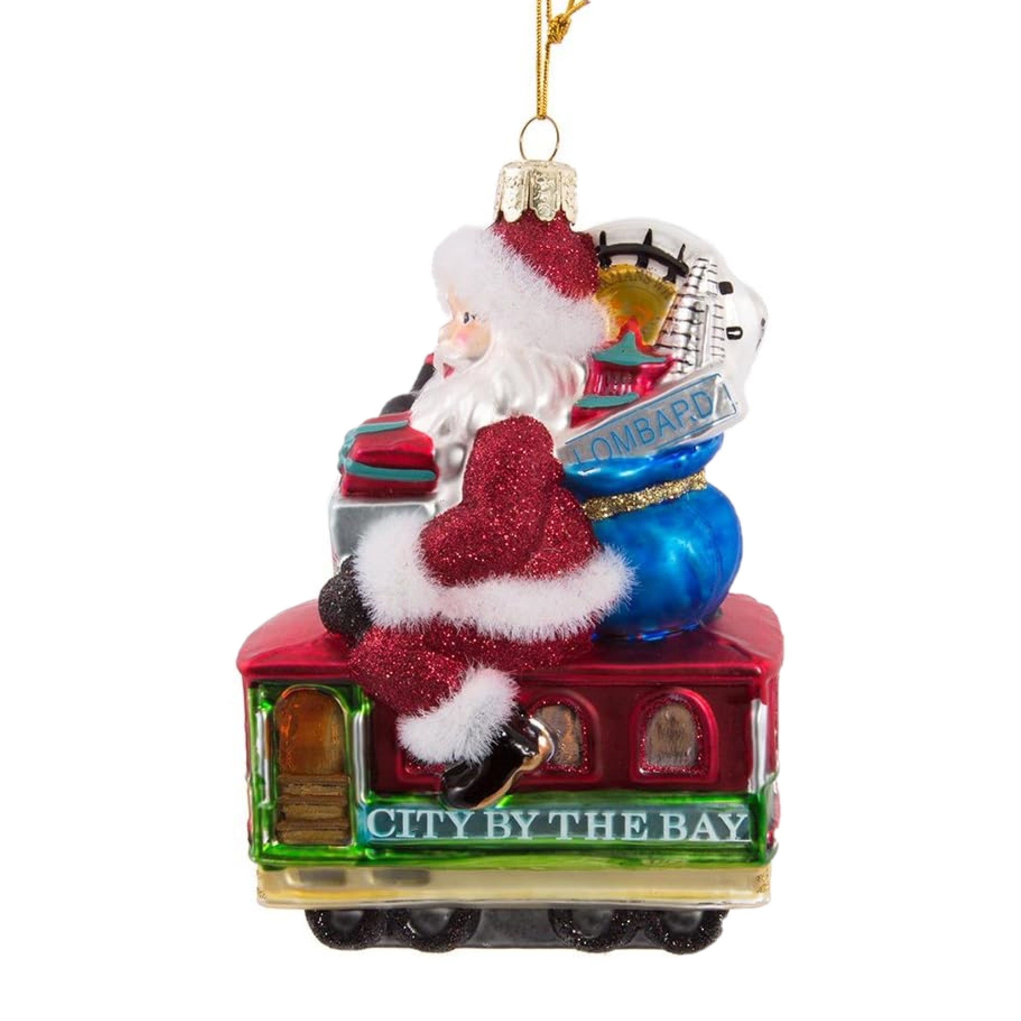 Kurt Adler Glass Ornament for Christmas Tree, San Francisco Trolley with Santa