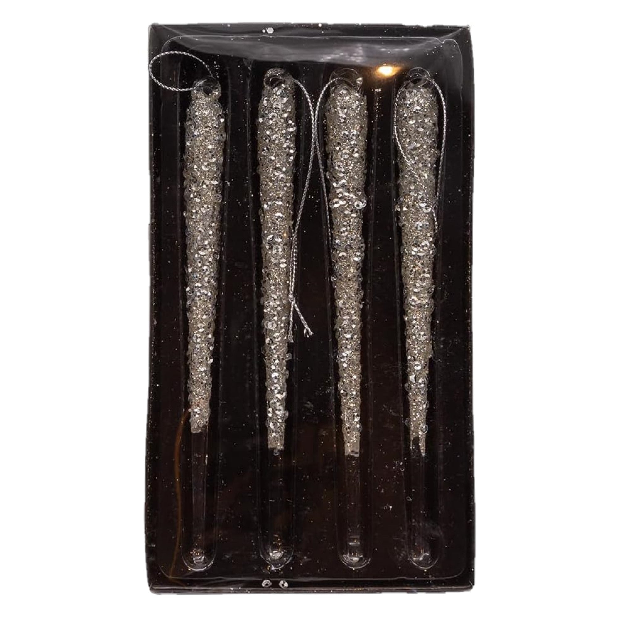 Kurt Adler Glass Ornaments for Christmas Tree, Icicles with Silver Glitter, 7in (Pack of 4)