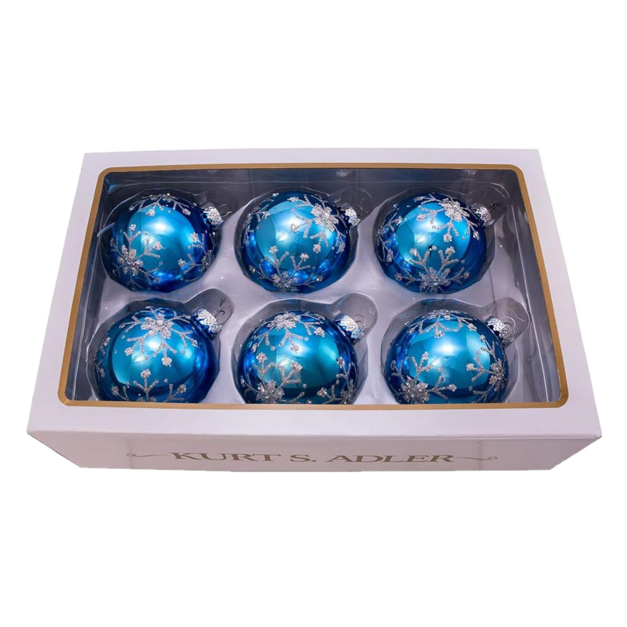 Kurt Adler Glass Ball Ornament for Christmas Tree, Blue & Silver Glitter Snowflakes (Pack of 6)