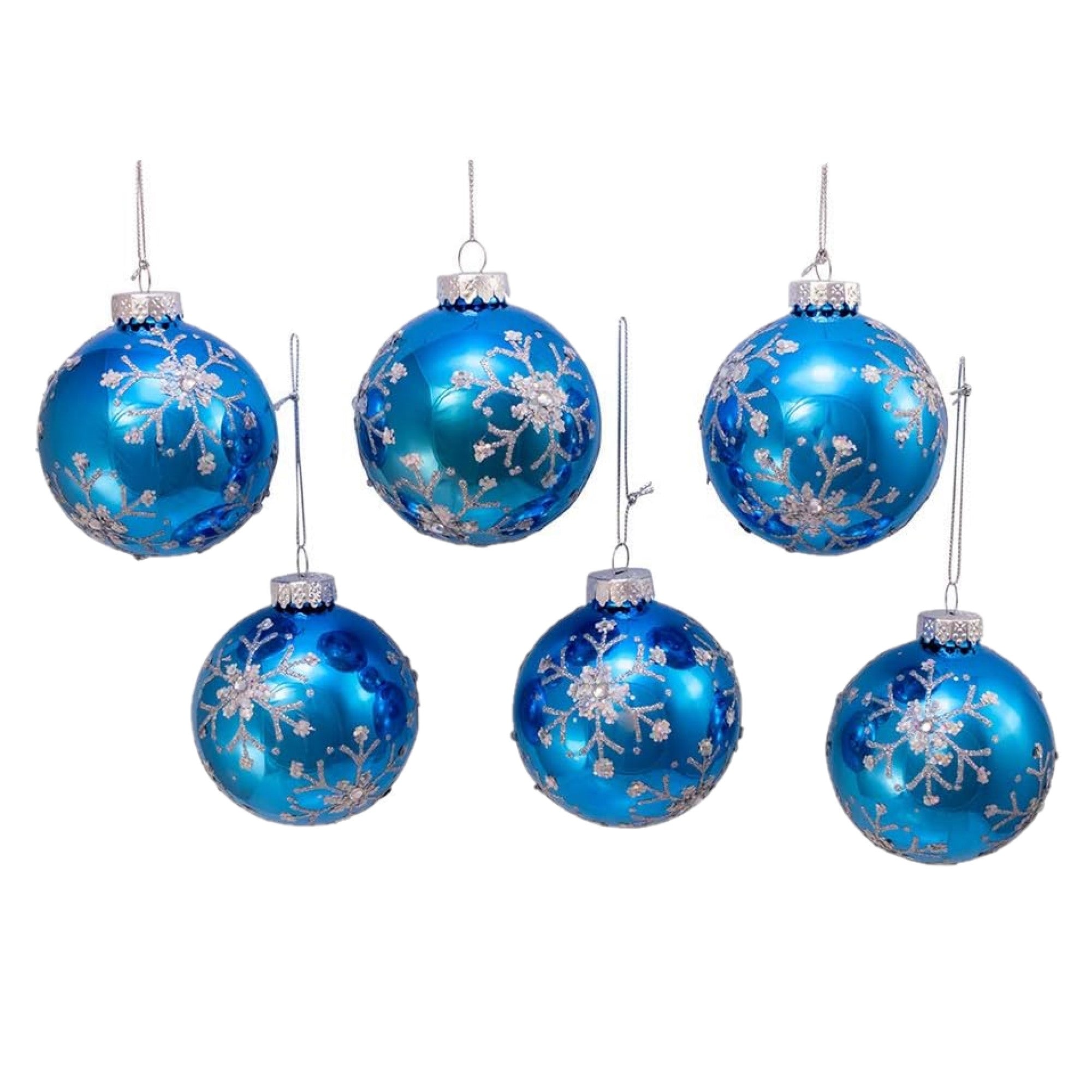 Kurt Adler Glass Ball Ornament for Christmas Tree, Blue & Silver Glitter Snowflakes (Pack of 6)