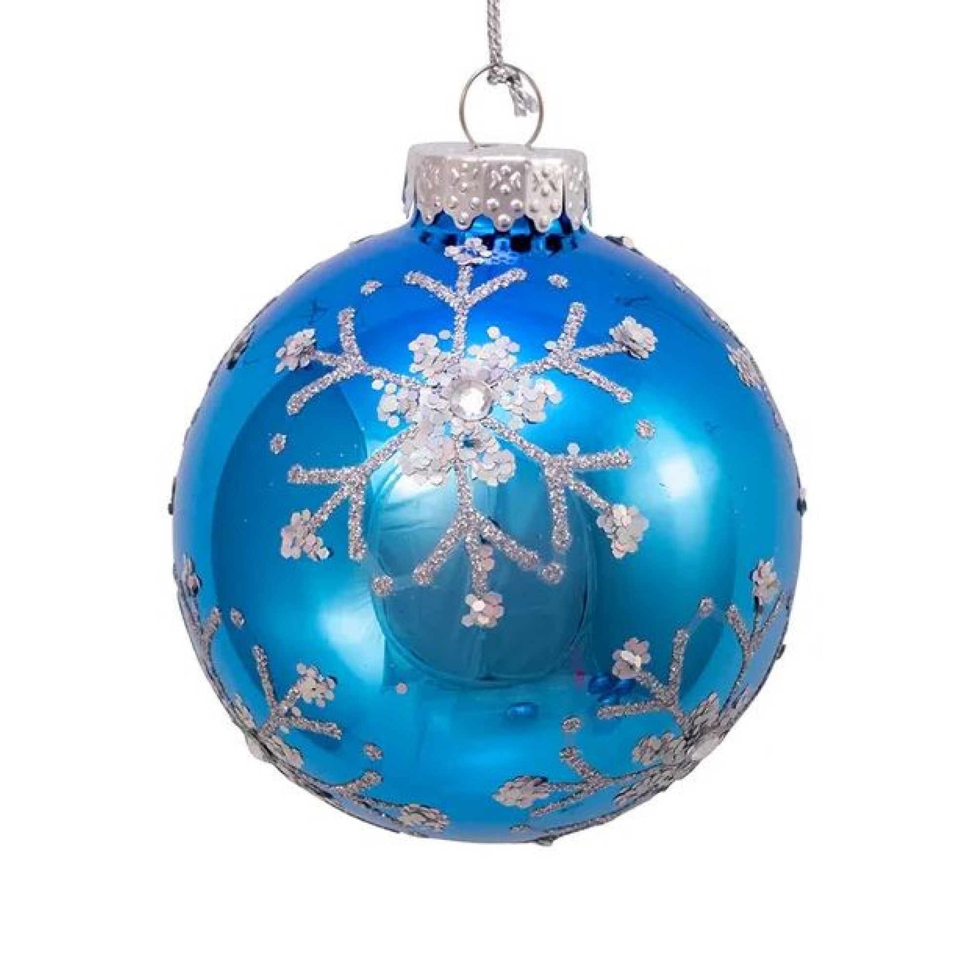 Kurt Adler Glass Ball Ornament for Christmas Tree, Blue & Silver Glitter Snowflakes (Pack of 6)
