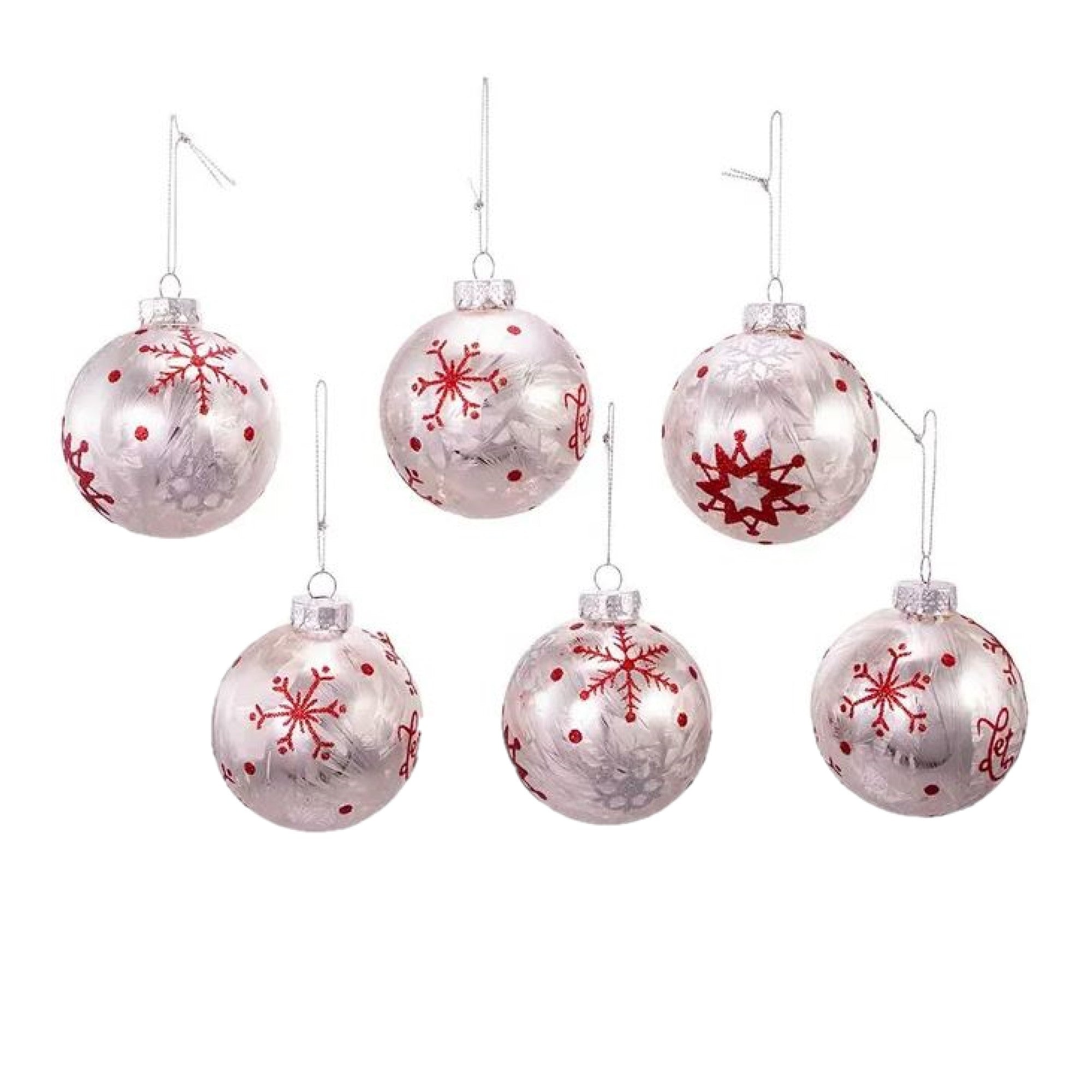 Kurt Adler Glass Ball Ornaments for Christmas Tree, Silver & Red Snowflake (Pack of 6)