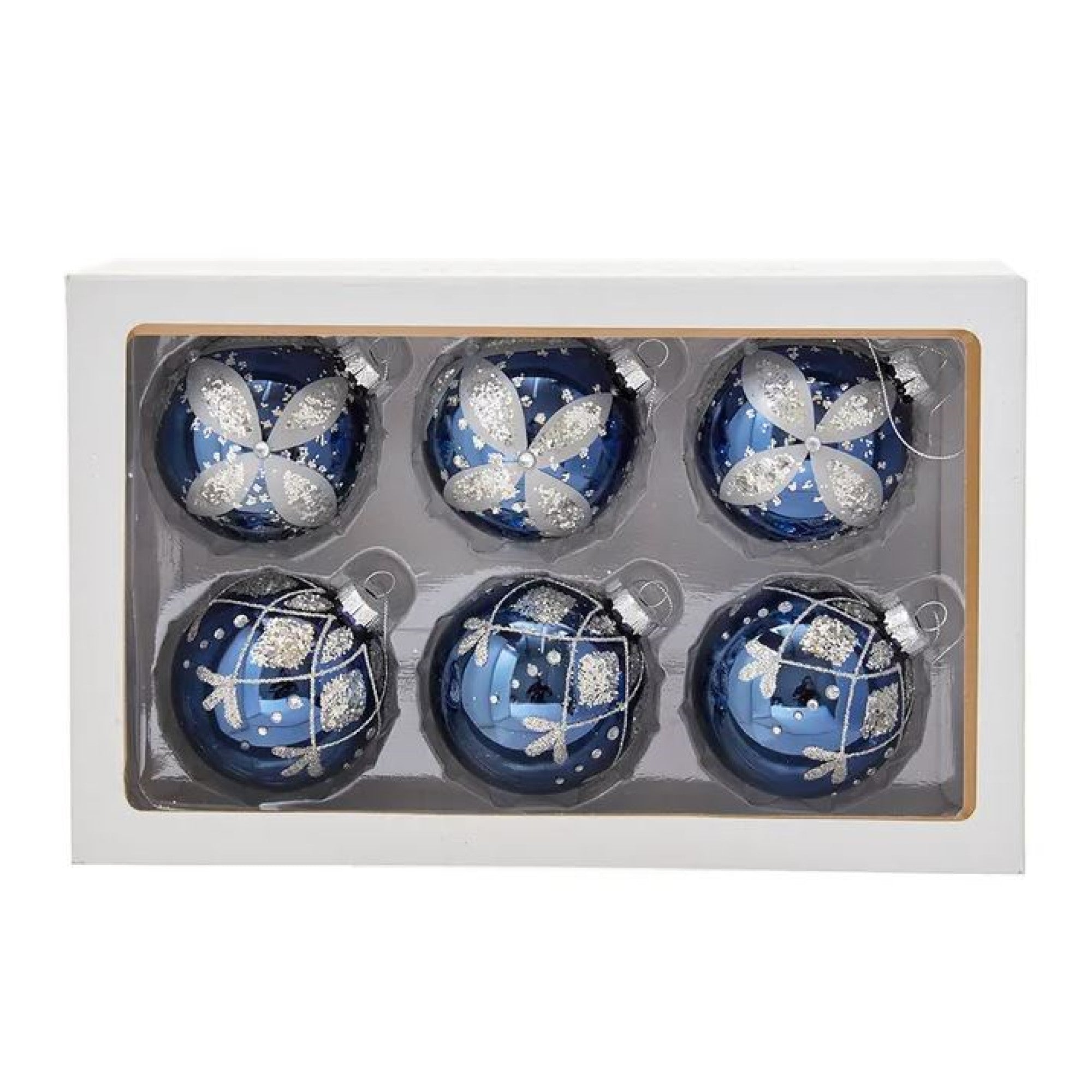 Kurt Adler Glass Ball Ornaments for Christmas Tree, Navy & Silver (Pack of 6)