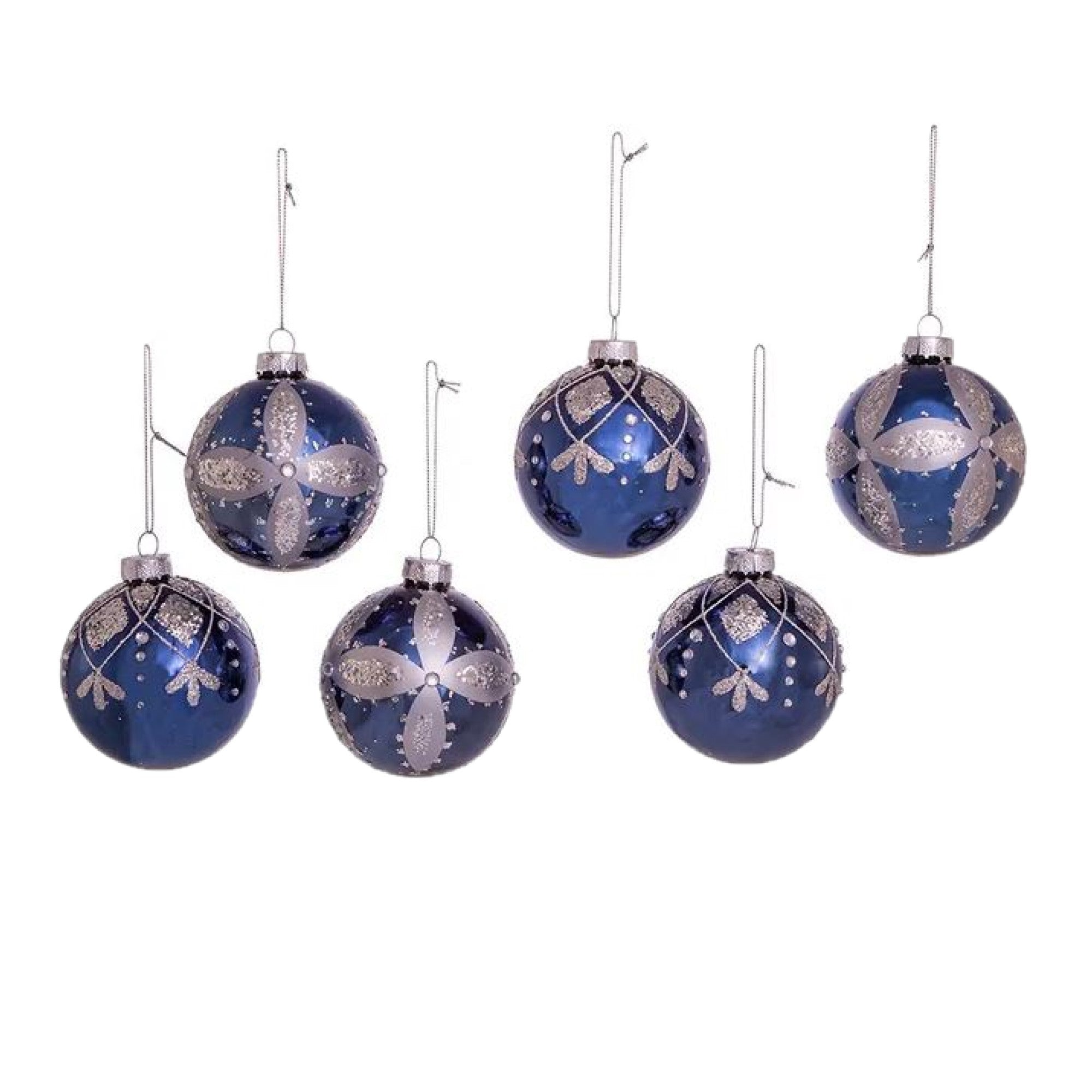 Kurt Adler Glass Ball Ornaments for Christmas Tree, Navy & Silver (Pack of 6)