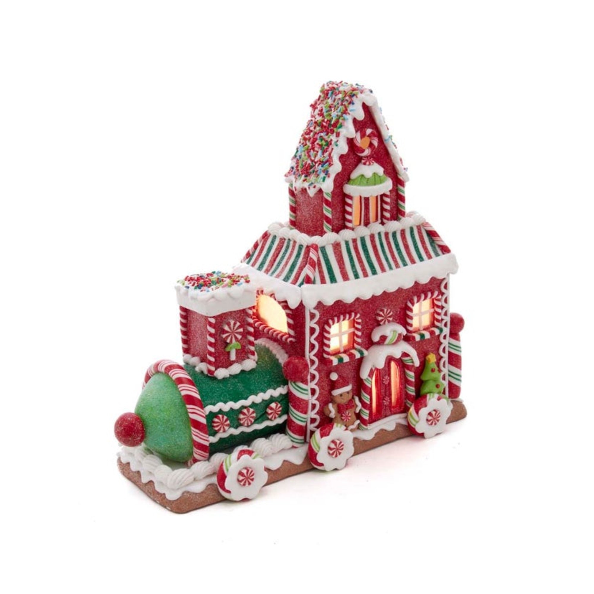 Kurt Adler Battery-Operated Lighted Table Piece with Timer, Gingerbread Train House, 10.5"