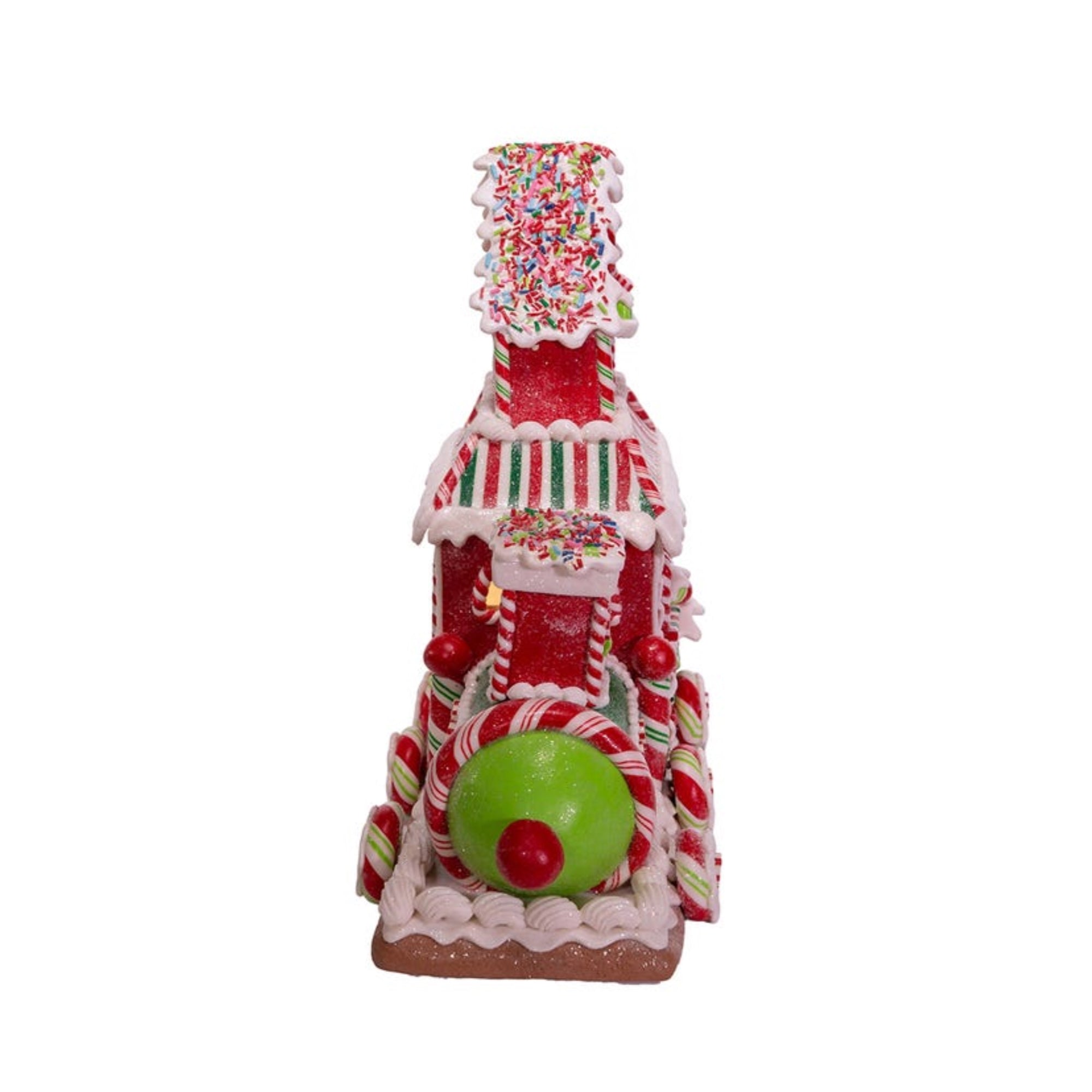 Kurt Adler Battery-Operated Lighted Table Piece with Timer, Gingerbread Train House, 10.5"