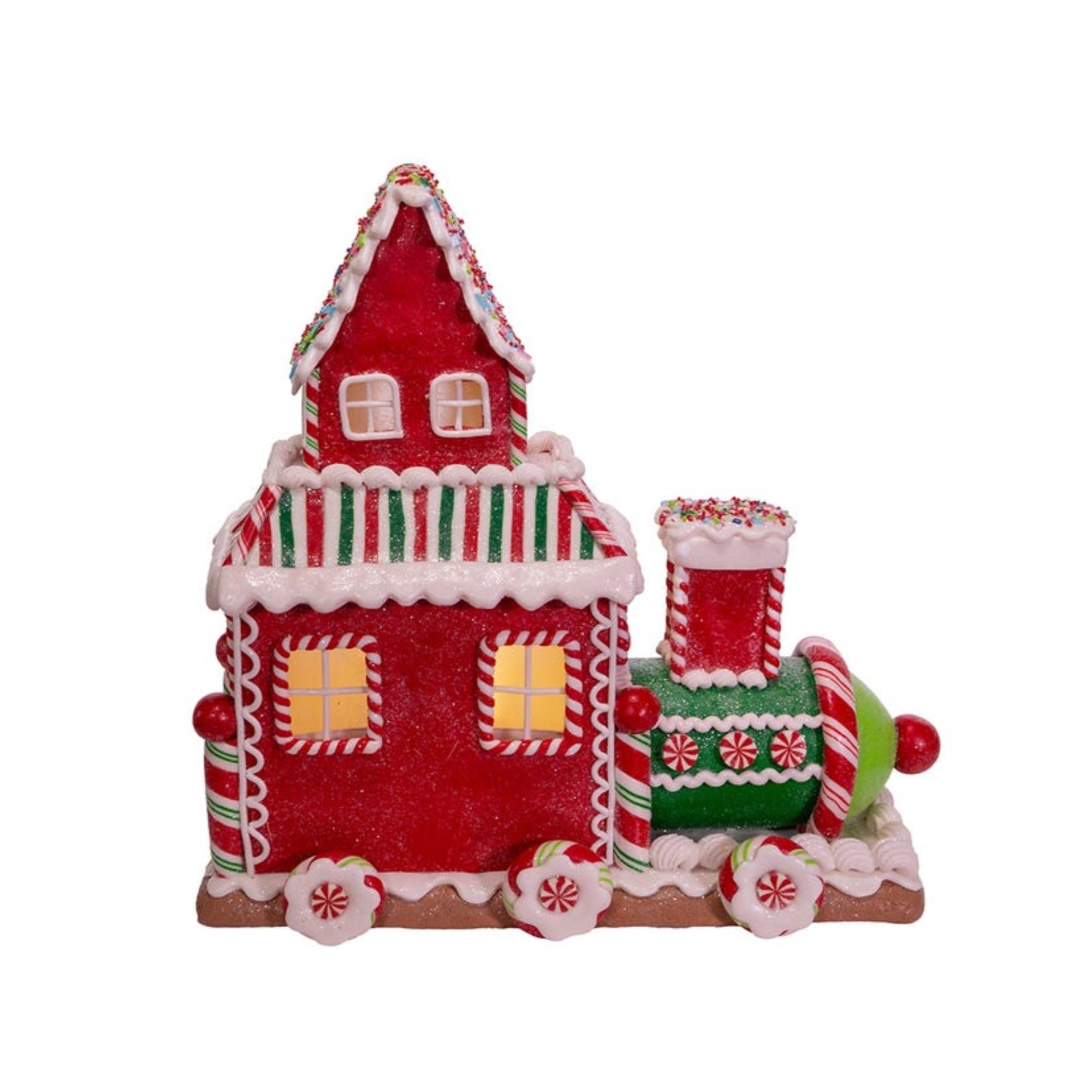 Kurt Adler Battery-Operated Lighted Table Piece with Timer, Gingerbread Train House, 10.5"