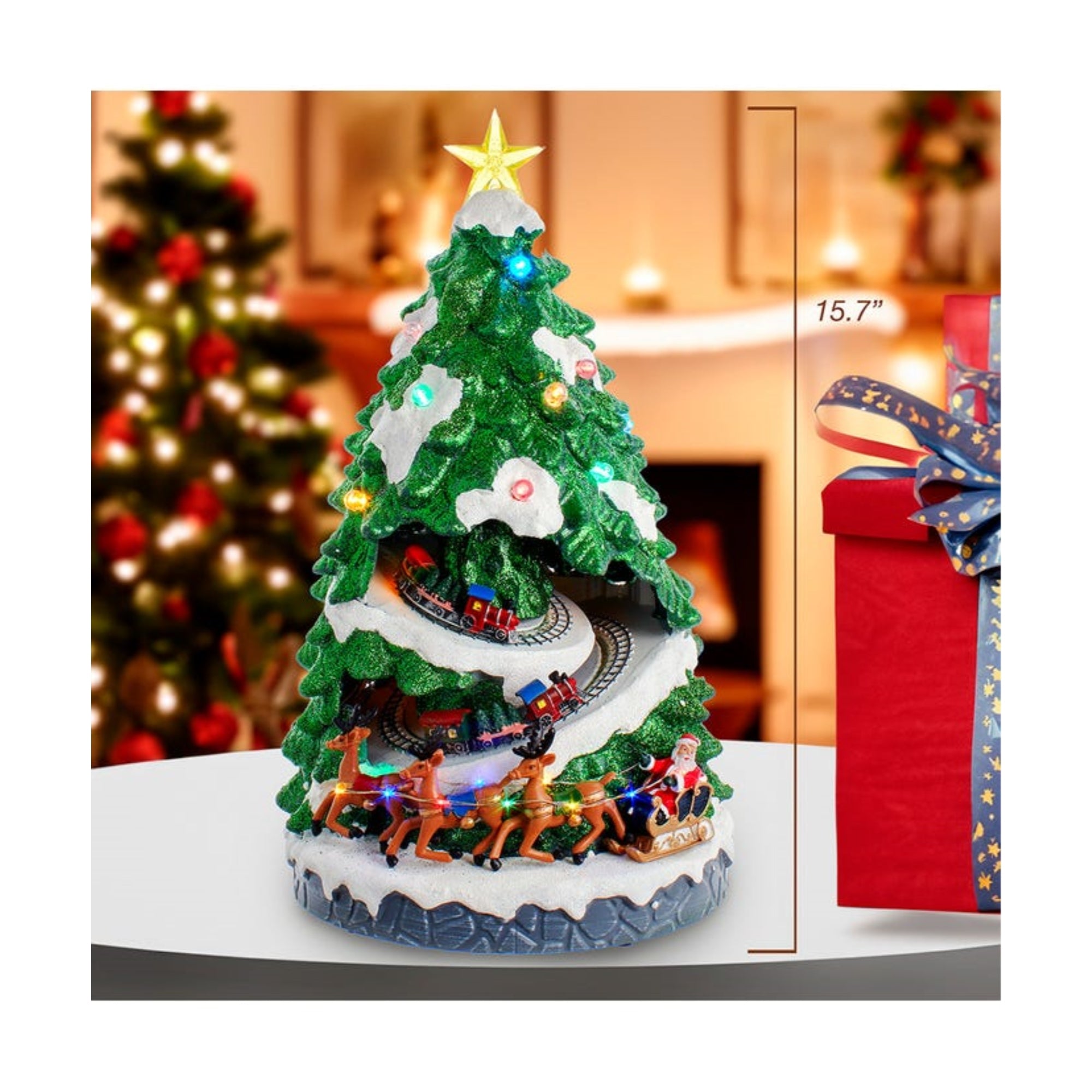Kurt Adler Battery Operated Lighted Musical Christmas Tree with Moving Train, 15.7"