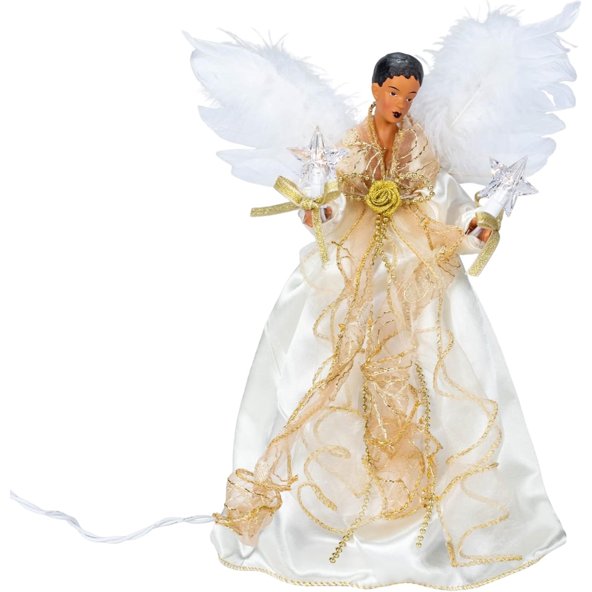 Kurt Adler Lighted Christmas Tree Treetop, 10-Lights, African American Angel, Ivory & Gold, 12in