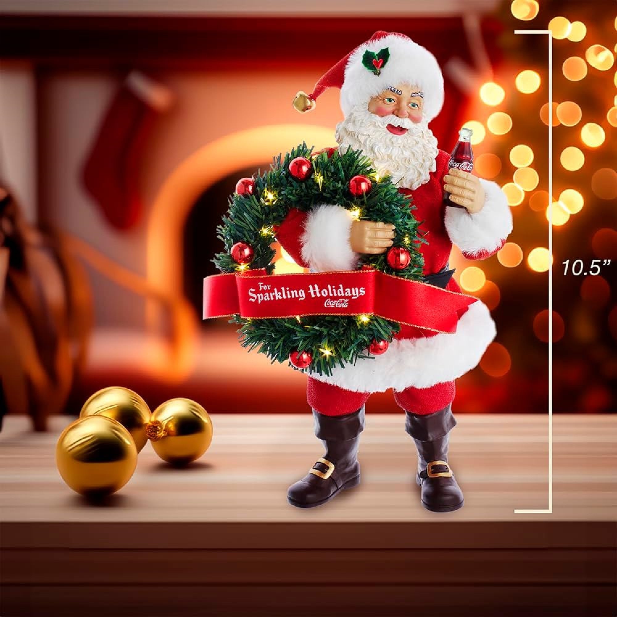 Kurt Adler Fabriche Christmas Tabletop Figurine, Coca-Cola Santa with Lighted Wreath, 10.5in